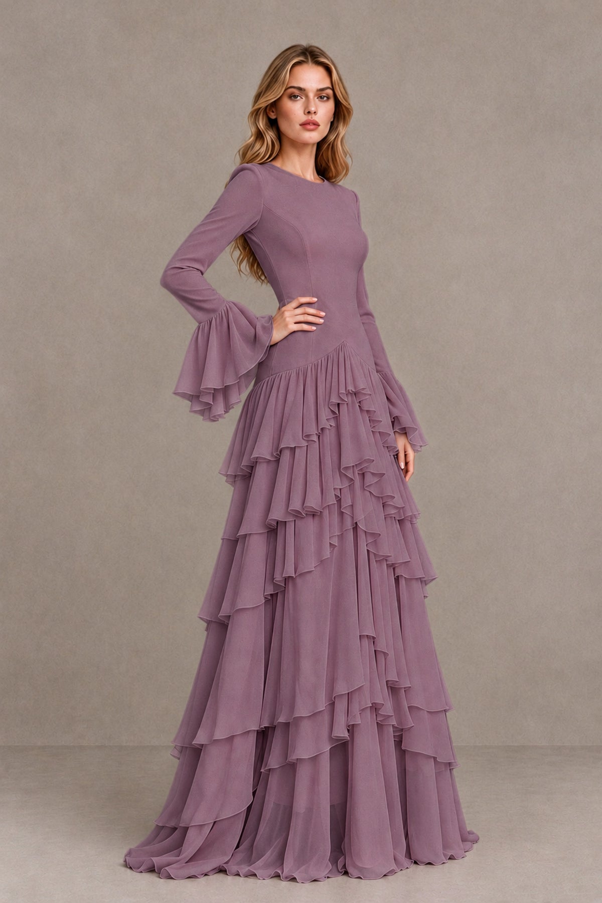 Wisteria Long Sleeve Tiered Ruffle Evening Gown - Wisteria - Wisteria_3