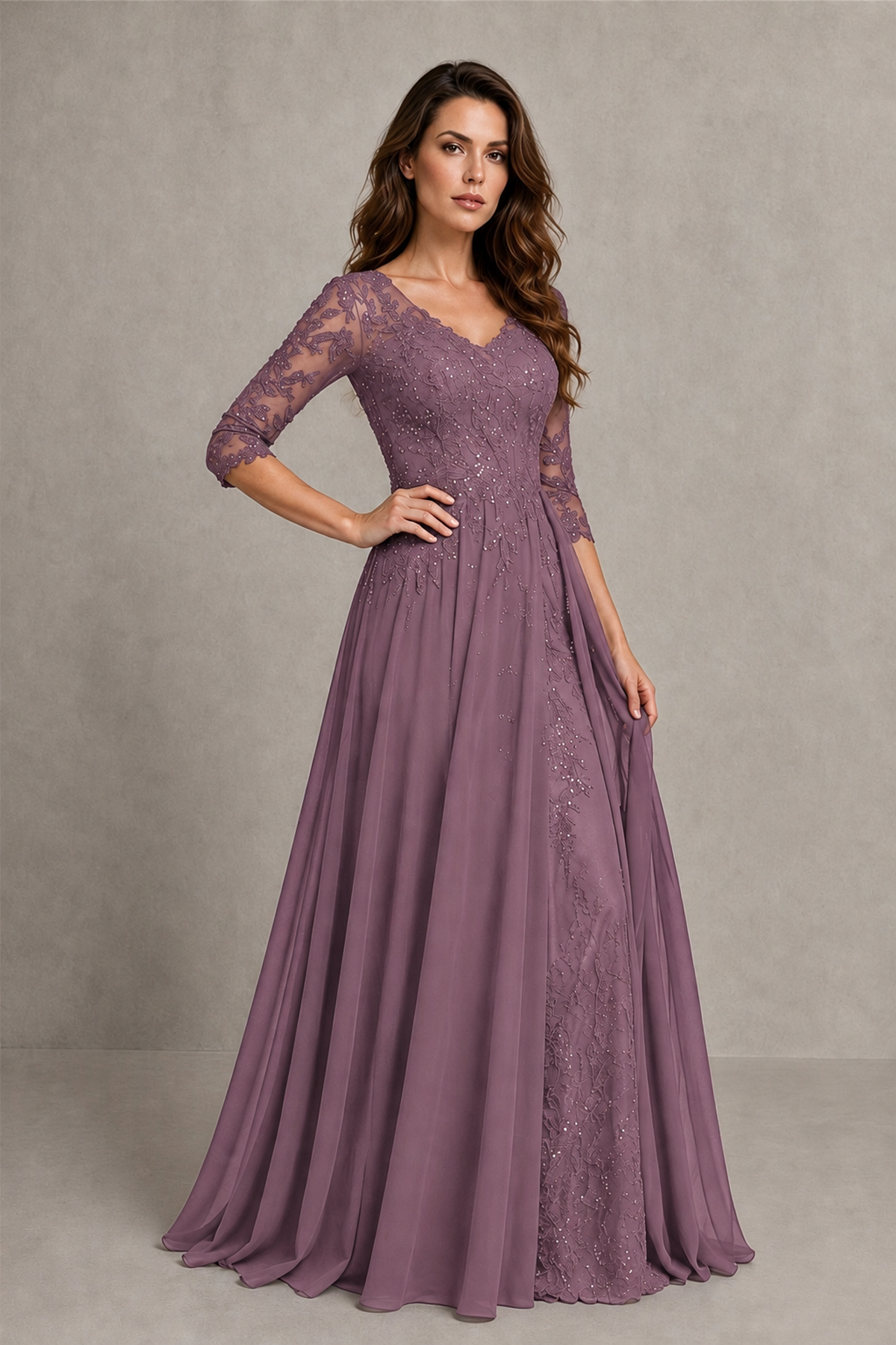 BOLODOO Midnight Wisteria Beaded Lace Appliqué Chiffon A-Line Gown | Mother of the Bride & Formal Evening Dress - Wisteria - Wisteria_3