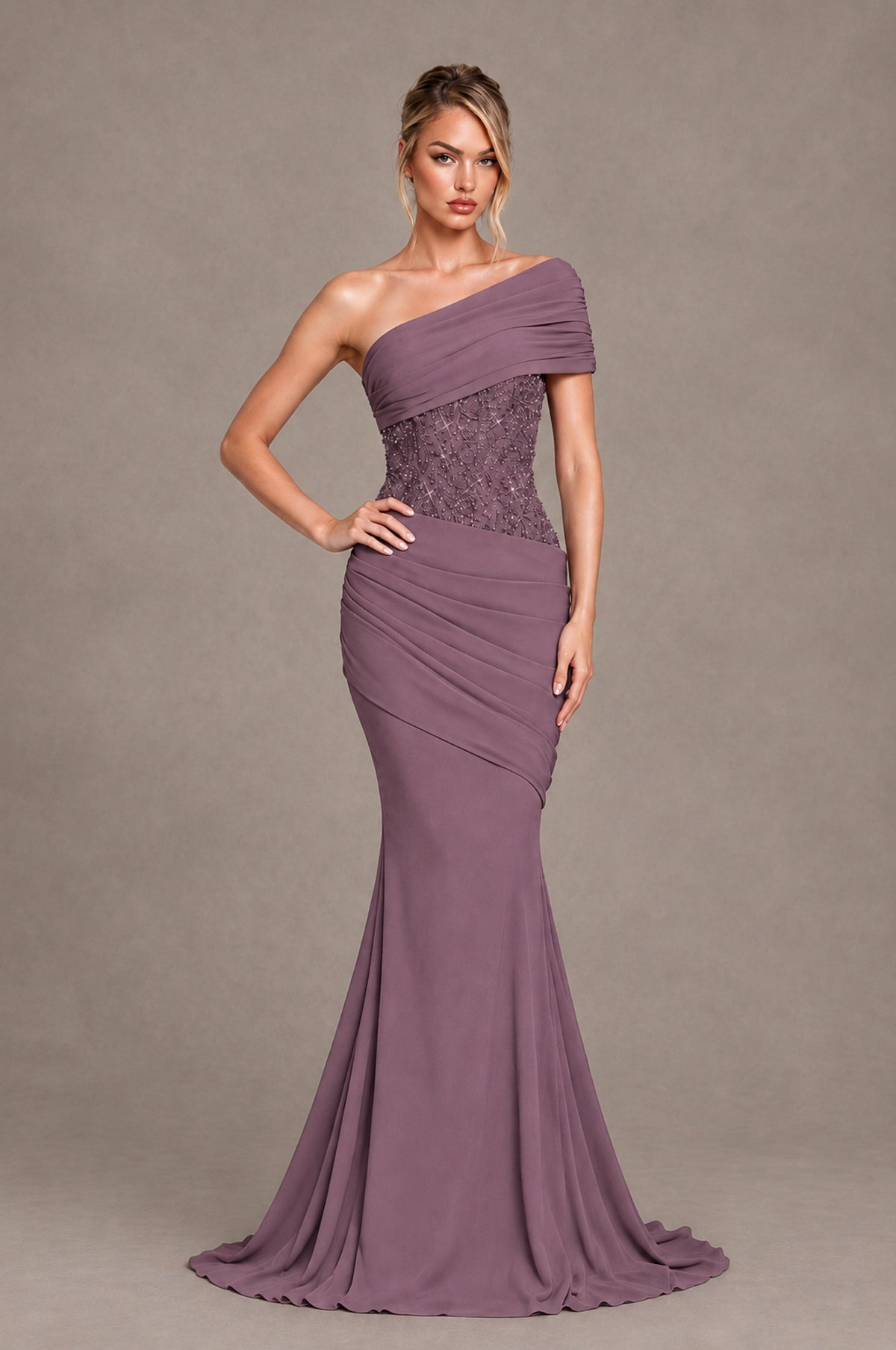 BOLODOO Wisteria One-Shoulder Sequin Embroidered Ruched Mermaid Gown with Train - Wisteria - Wisteria_3