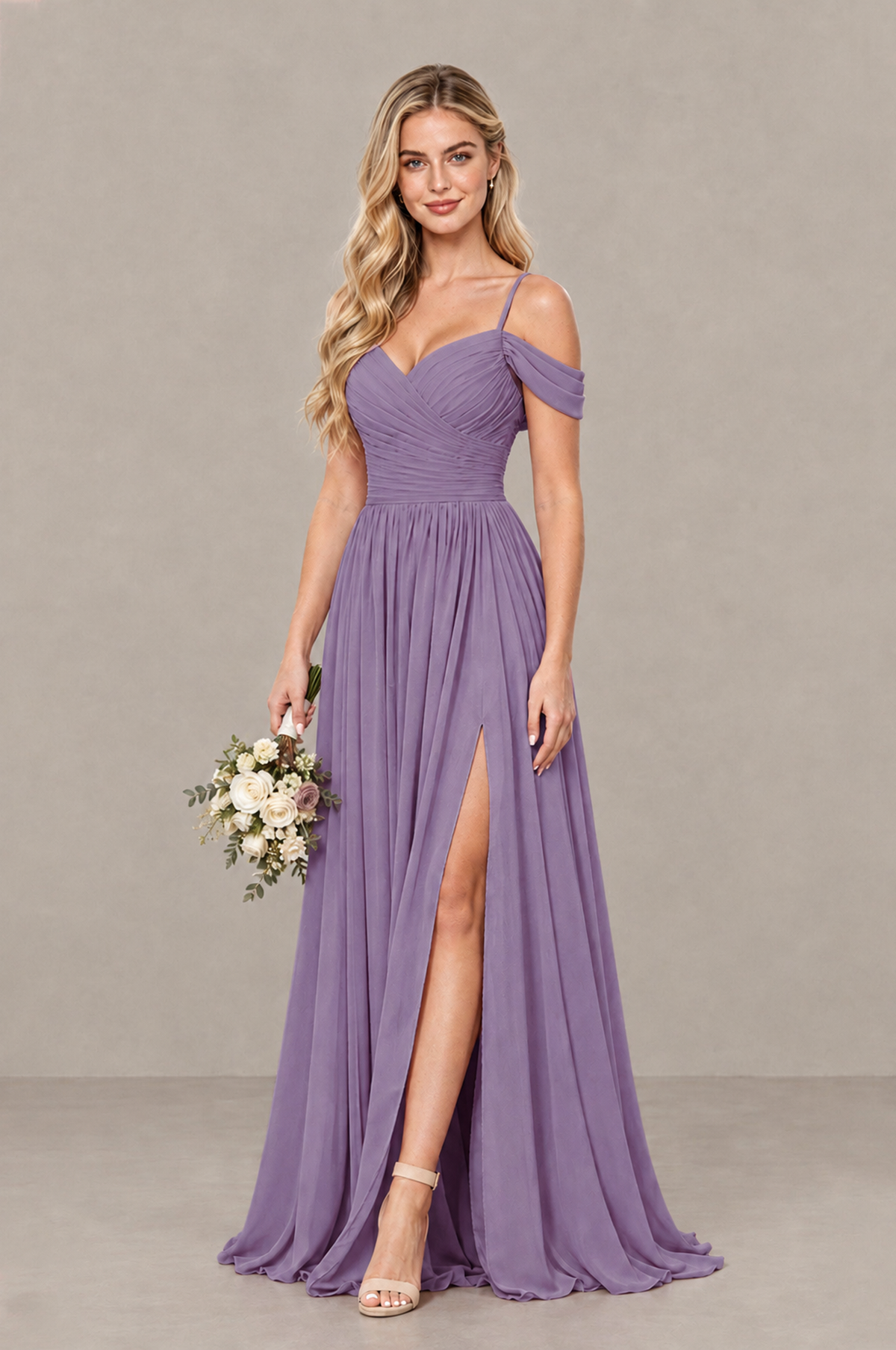 BOLODOO Wisteria Off-Shoulder Bridesmaid Dress with Slit - Wisteria
