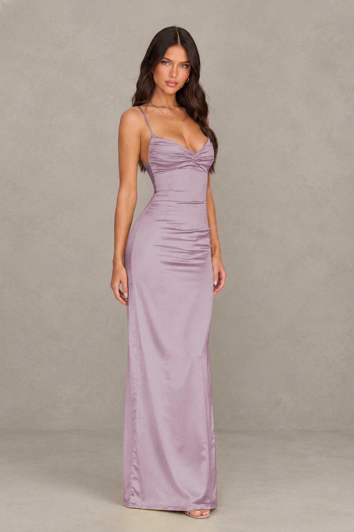 BOLODOO Wisteria Satin Cowl Neck Open Back Mermaid Maxi Dress with Side Slit - Wisteria