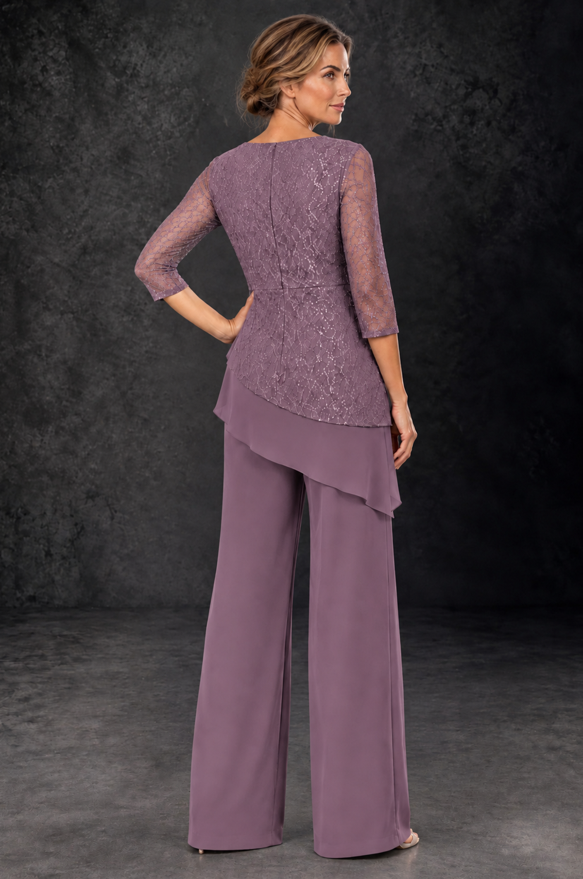 BOLODOO Wisteria Sequin Lace 3/4 Sleeve Chiffon Mother of the Bride Pant Suit - Wisteria - Wisteria_3