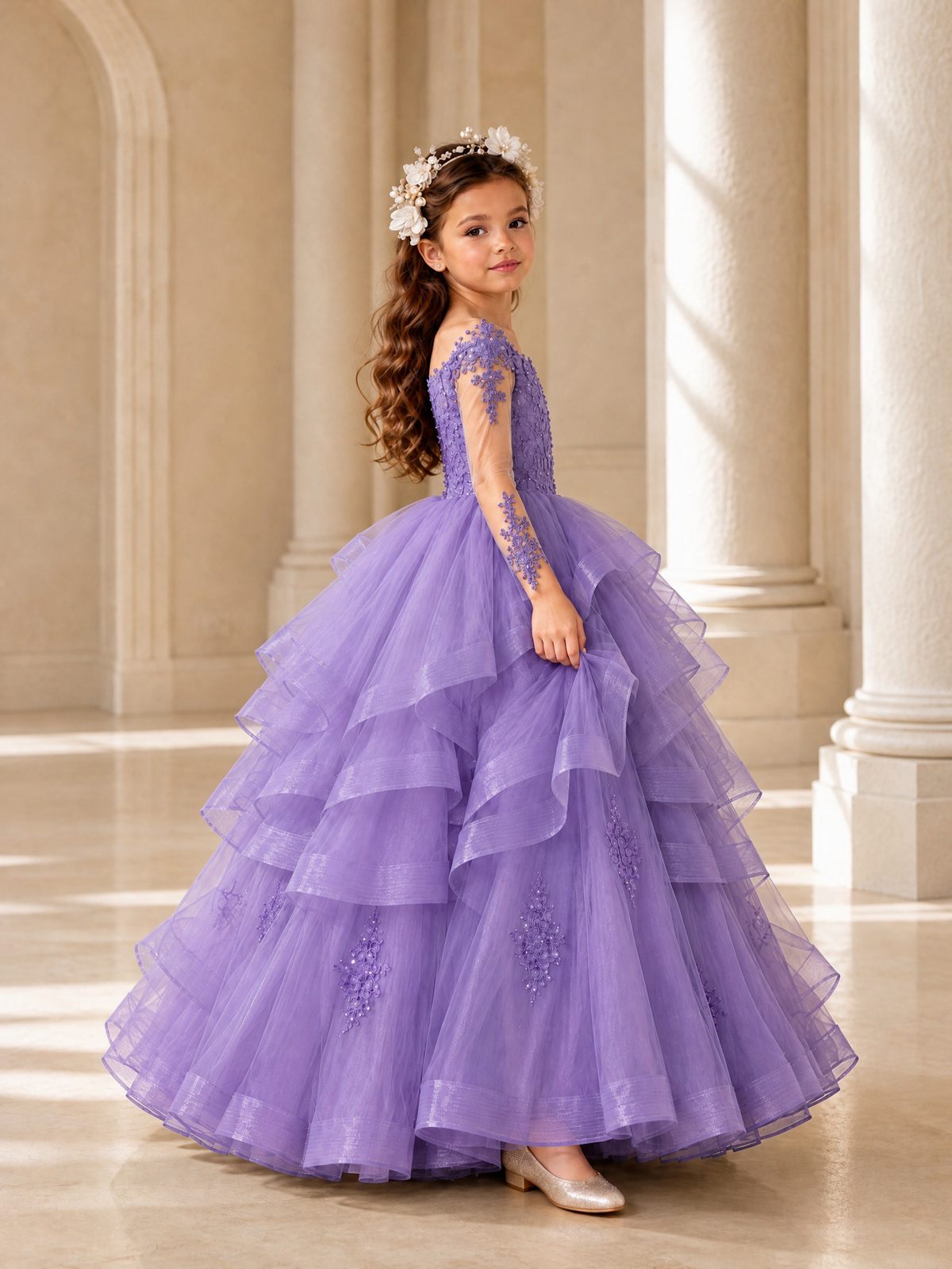BOLODOO Wisteria Lace Long Sleeve Tiered Flower Girl Dress - Wisteria - Wisteria_3