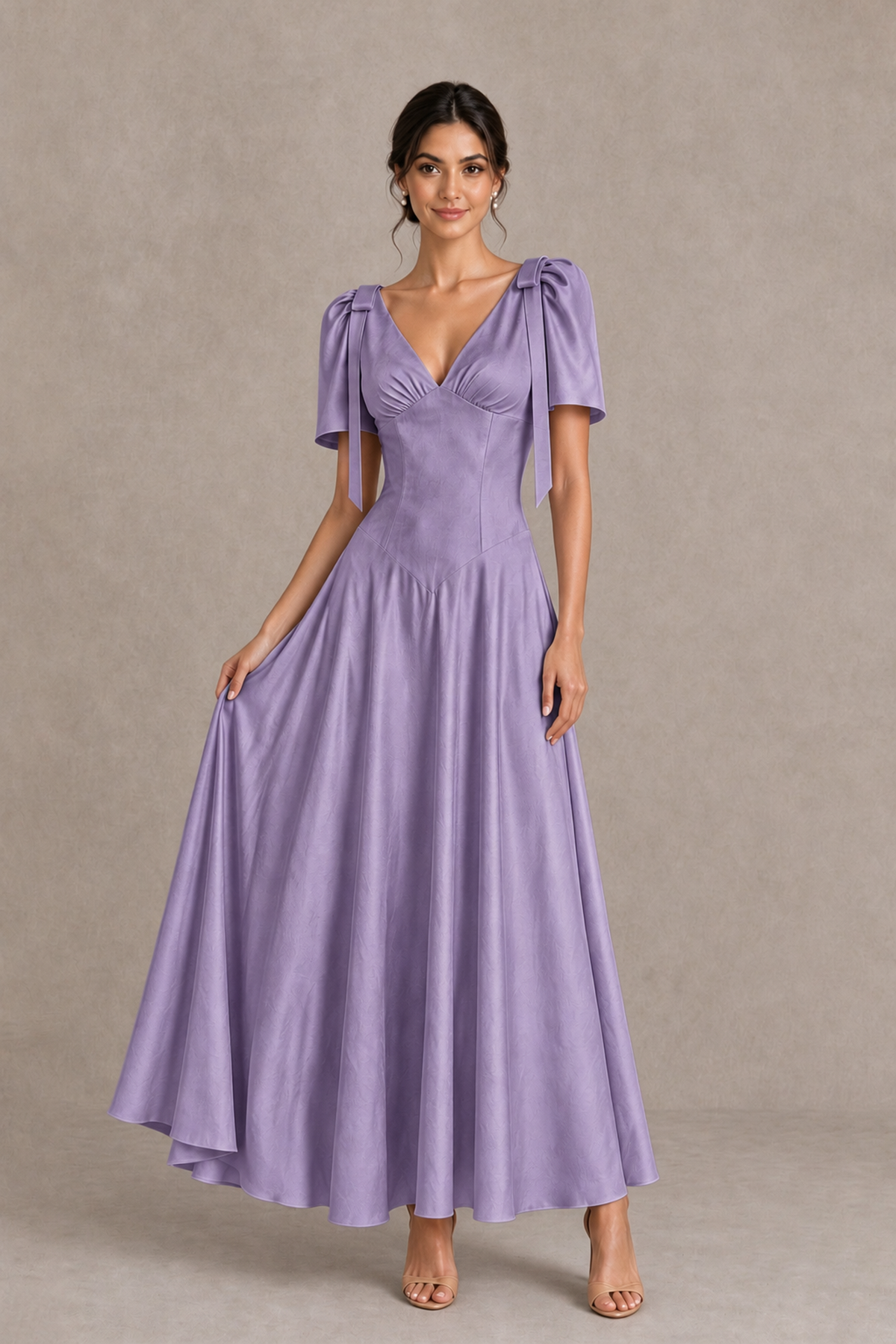 BOLODOO Wisteria V-Neck Short Sleeve Satin-Look Bridesmaid Dress with Shoulder Bows - Wisteria - Wisteria_3