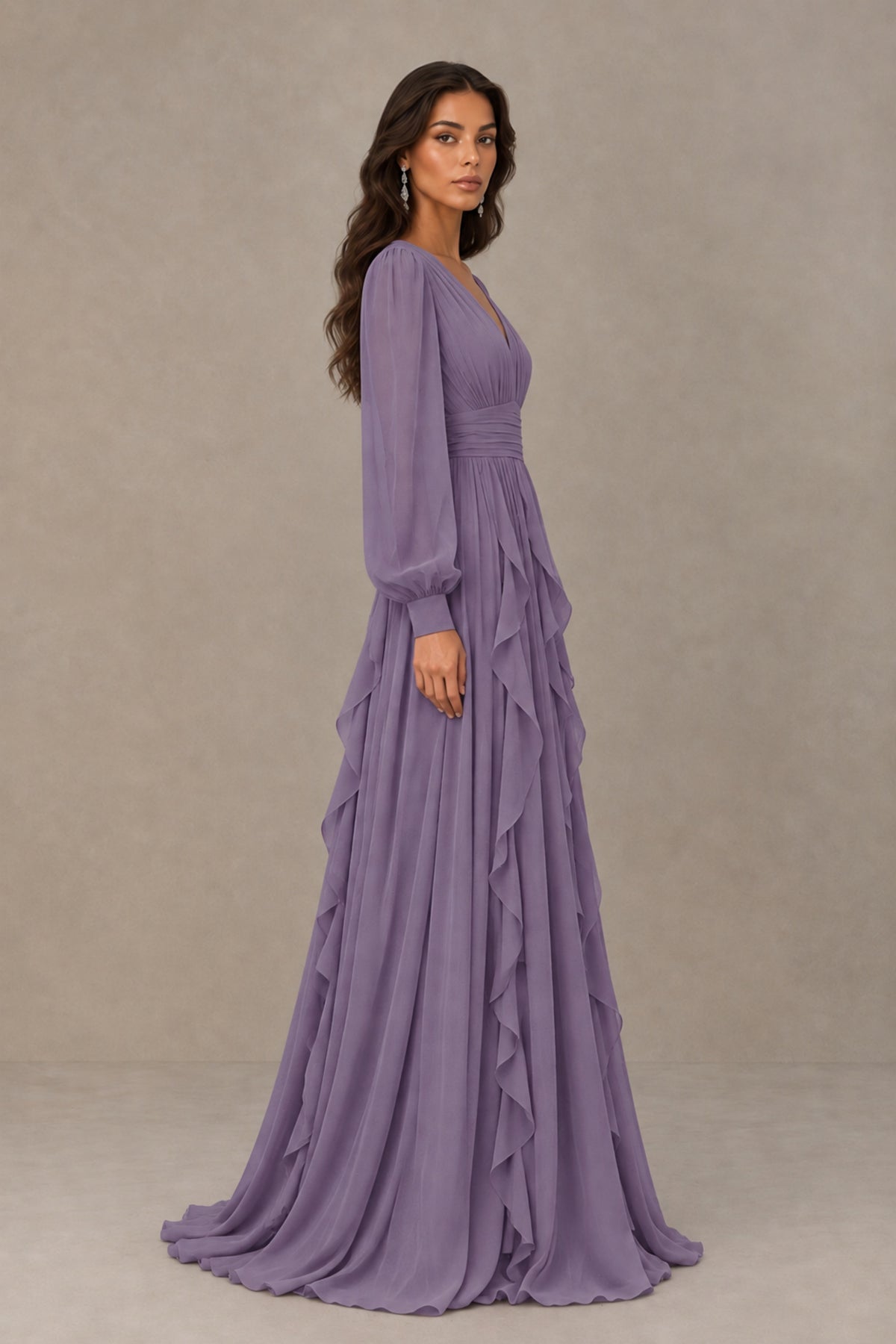 BOLODOO Wisteria Long Sleeve V-Neck Ruffle Maxi Dress - Wisteria