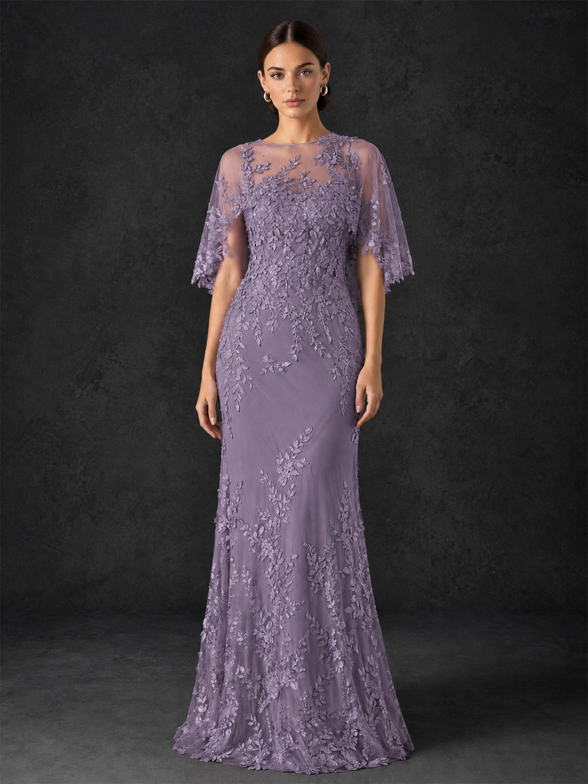 BOLODOO Mocha Rose Botanical Lace Flutter Sleeve Mermaid Gown - Wisteria - Wisteria
