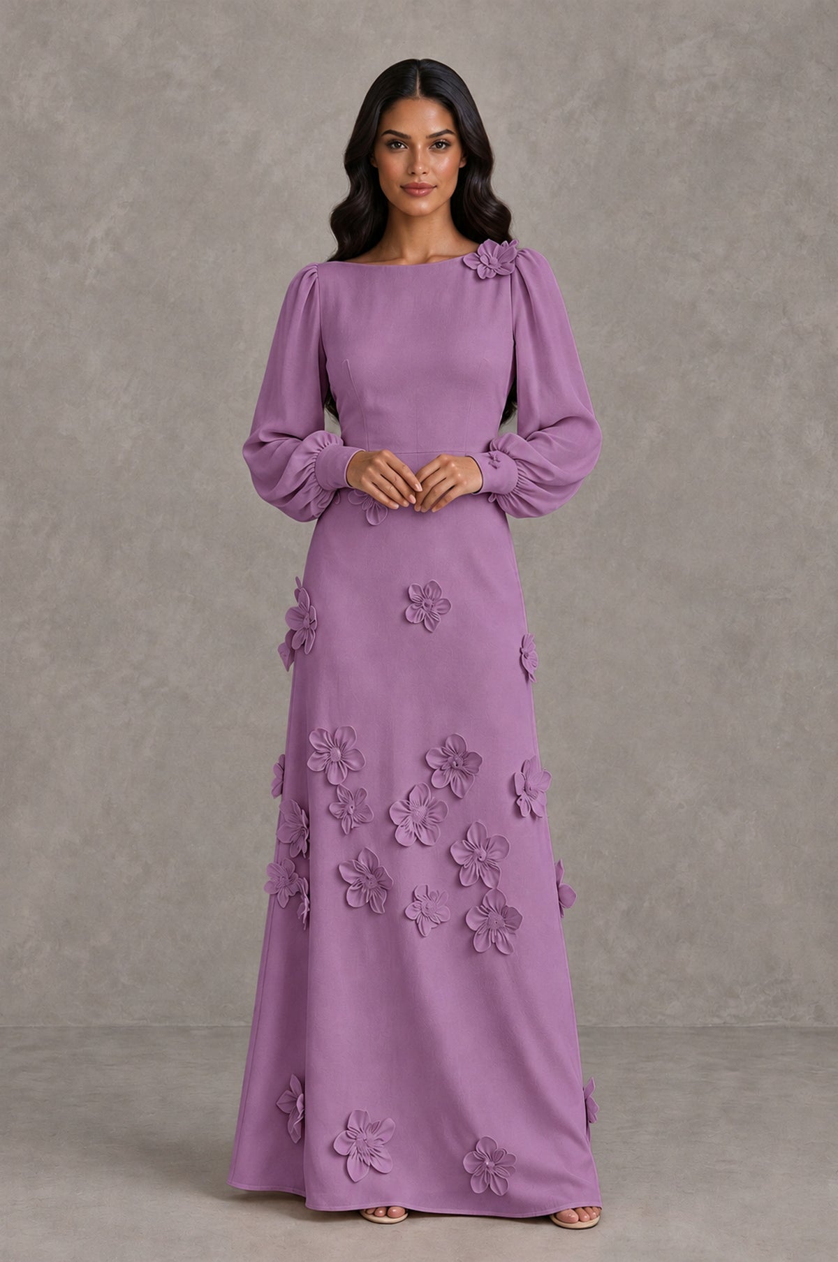 BOLODOO Wisteria Long Sleeve Floral Applique A-Line Evening Dress - Wisteria - Wisteria_3