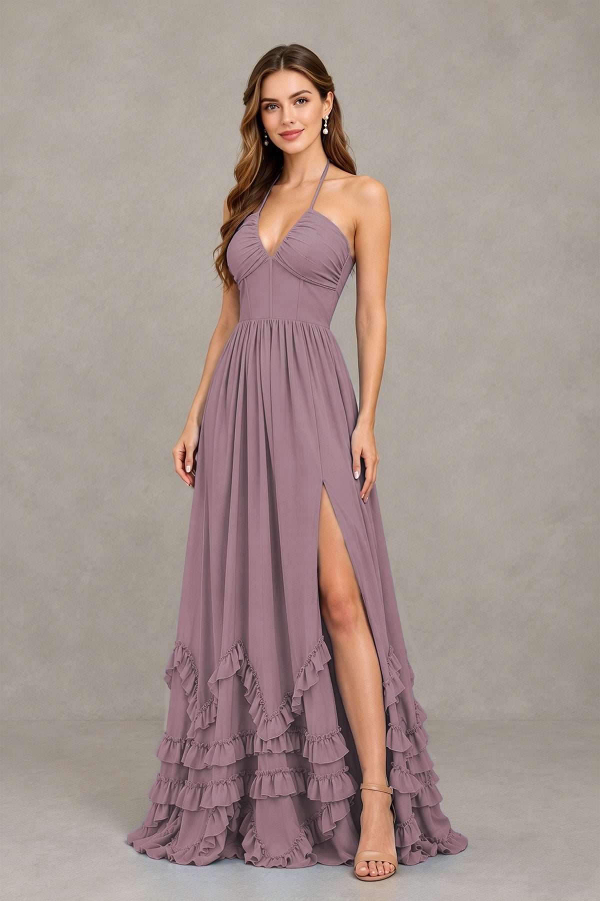BOLODOO Wisteria Halter Ruffle Hem A-Line Bridesmaid Dress with High Slit - Wisteria - Wisteria(3)