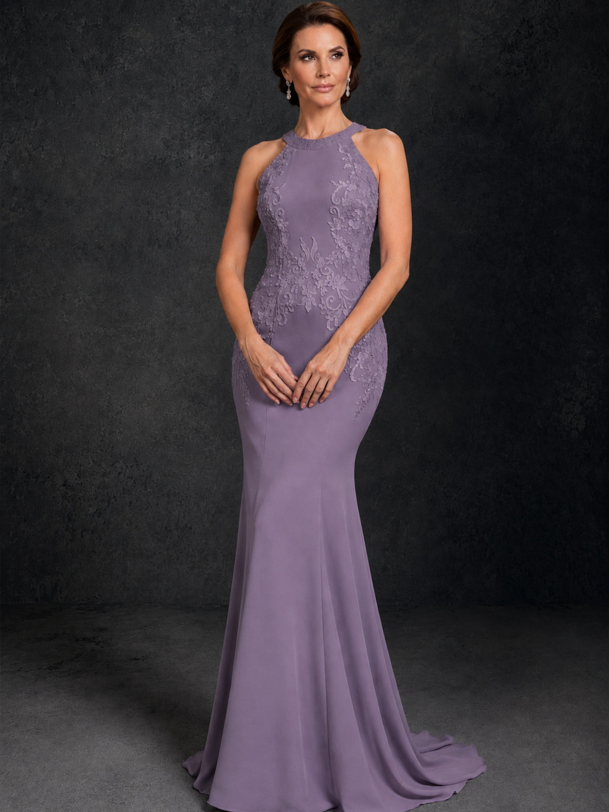 BOLODOO Wisteria Lace Applique Halter Neck Sheer Back Mermaid Maxi Dress with Sweep Train - Wisteria