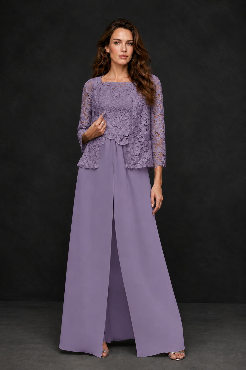 BOLODOO Wisteria Grey Lace Peplum Top & Wide-Leg Chiffon Pants Set | Mother of the Bride & Formal Evening Outfit - Wisteria
