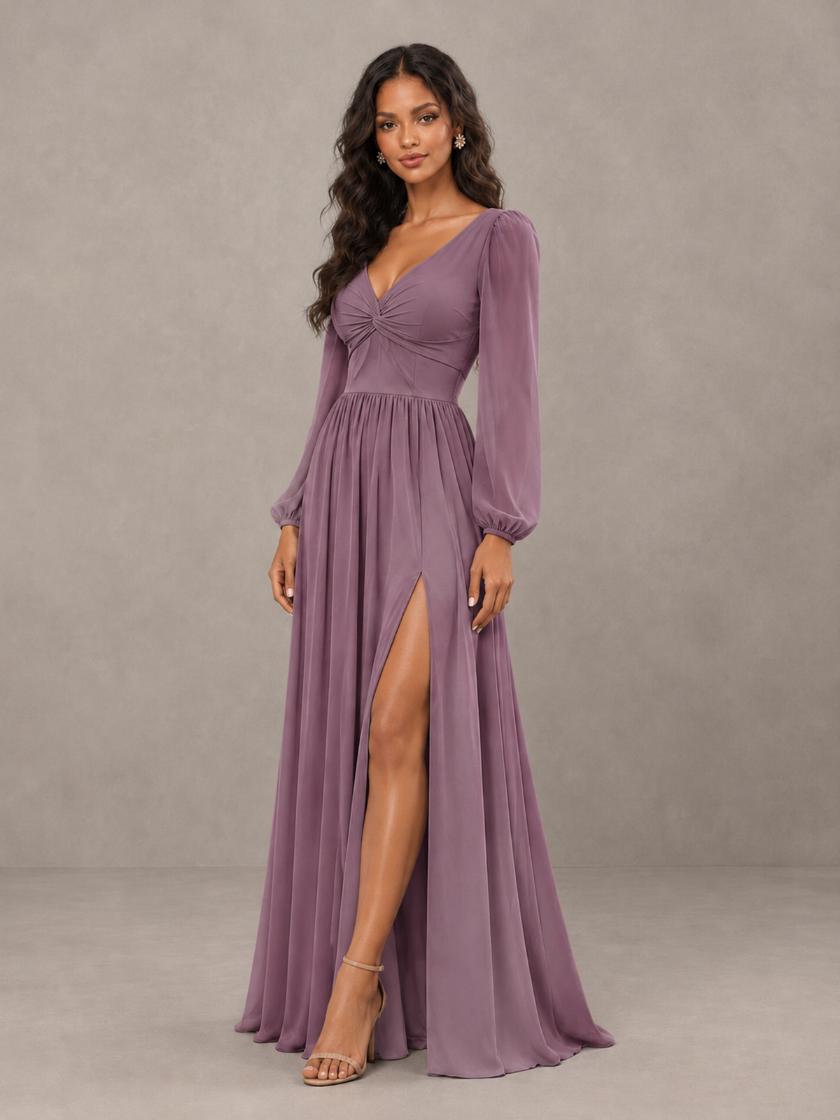 BOLODOO Wisteria V-Neck Long Sleeve Bridesmaid Dress with Tie Back and Slit - Wisteria - Wisteria_3
