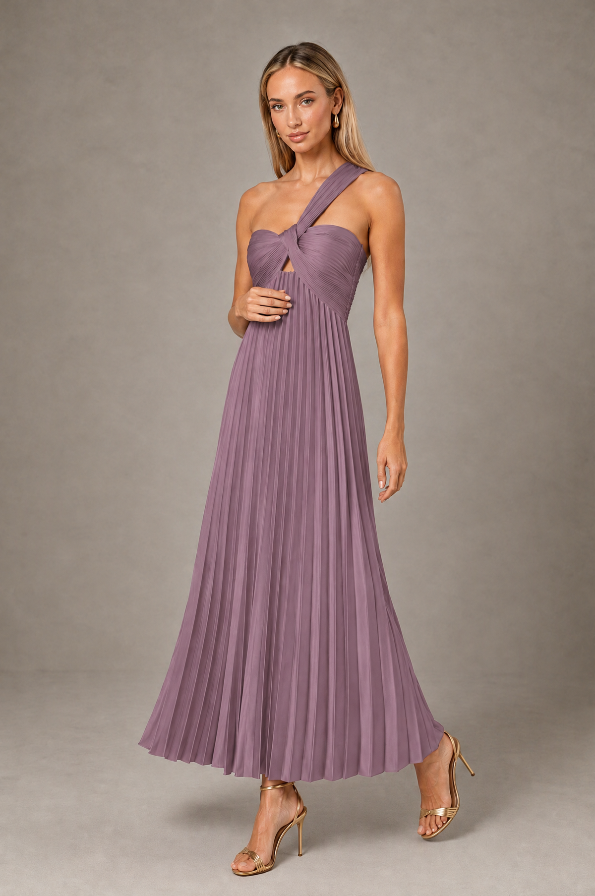 BOLODOO Wisteria One-Shoulder Twist Knot Pleated Satin Midi Dress with Cutout - Wisteria - Wisteria_3