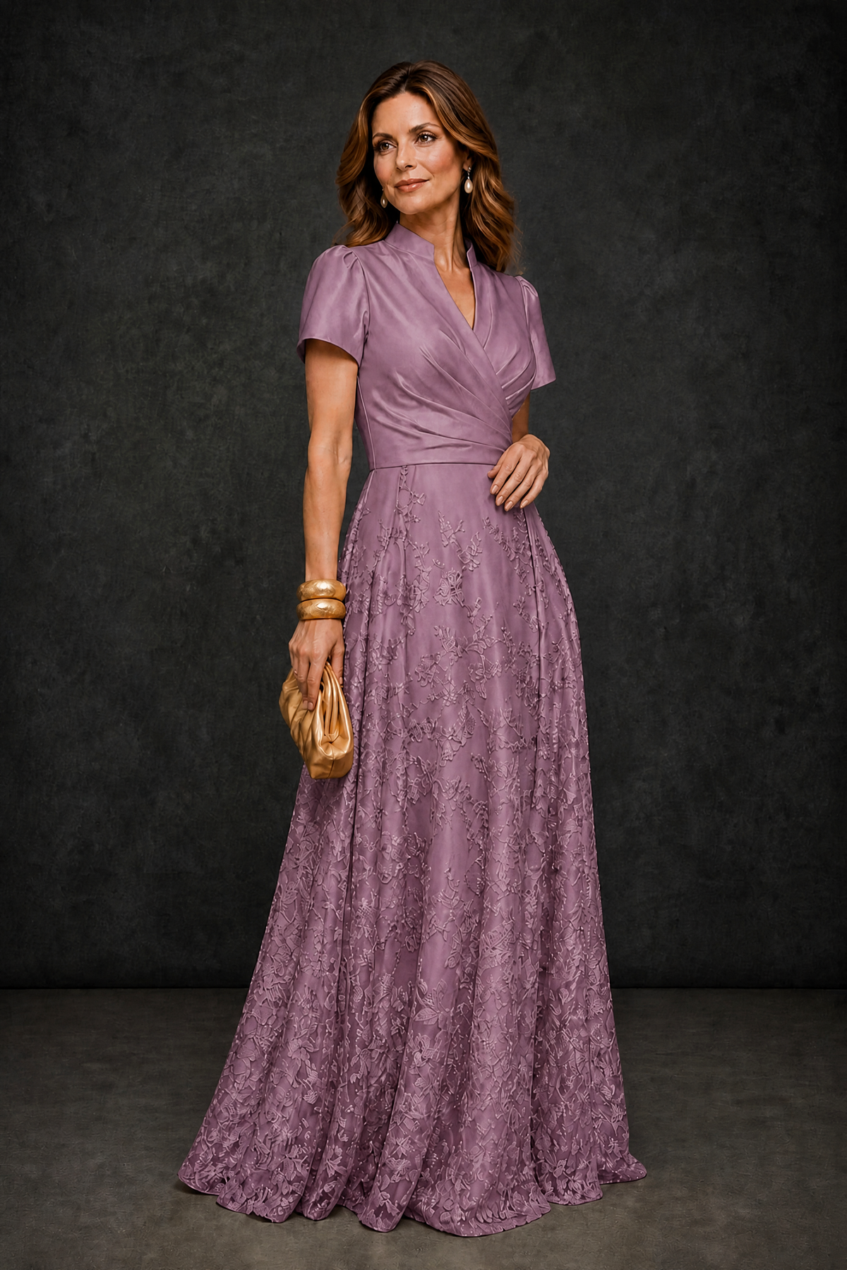 BOLODOO Wisteria Satin Wrap V-Neck Short Sleeve Lace Glitter A-Line Floor Length Evening Gown – Formal Dress - Wisteria