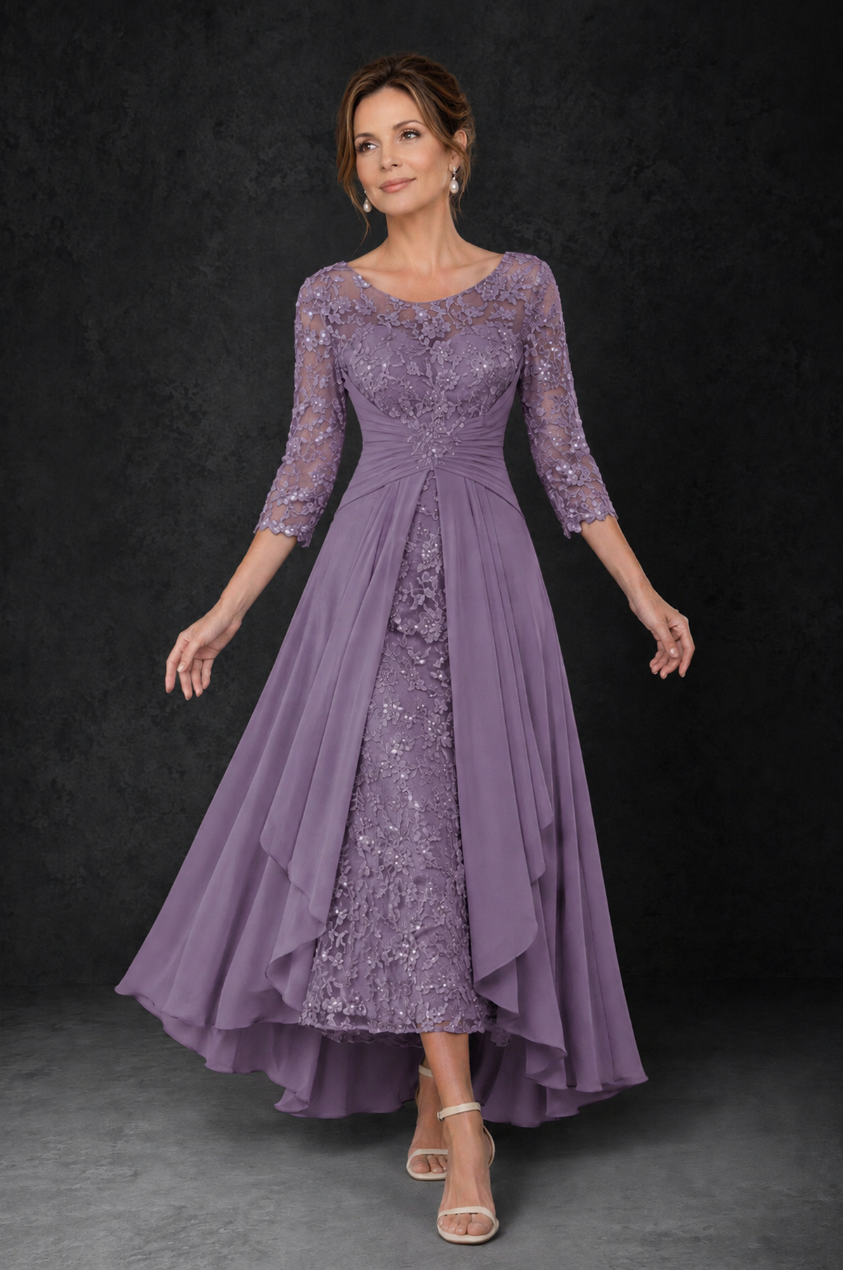 BOLODOO Wisteria Sequin Lace & Chiffon Tea-Length Mother of the Bride Dress with 3/4 Sleeves - Wisteria