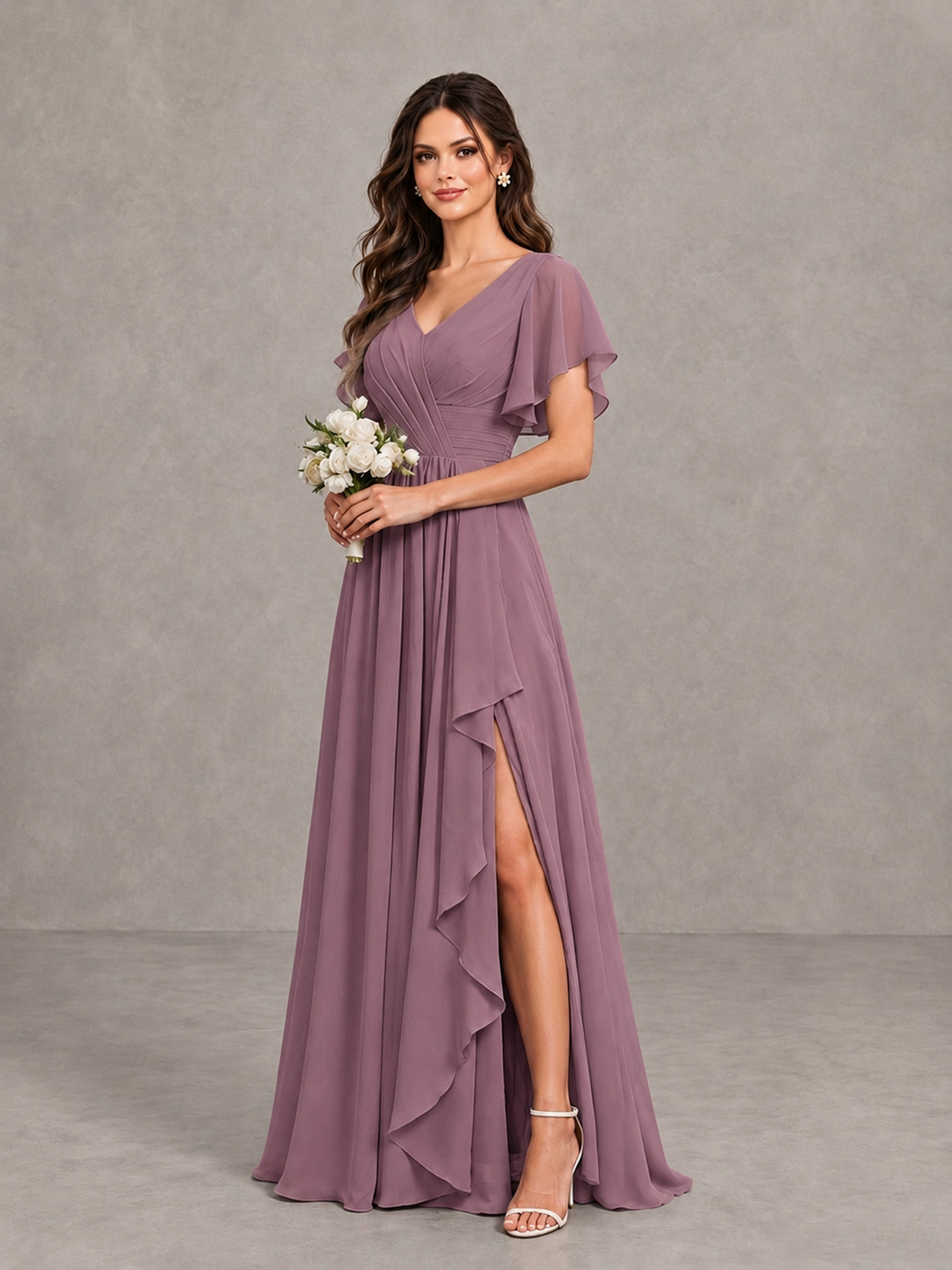 BOLODOO Wisteria Flutter Sleeve V-Neck Bridesmaid Dress with Ruffle Slit - Wisteria - Wisteria_3