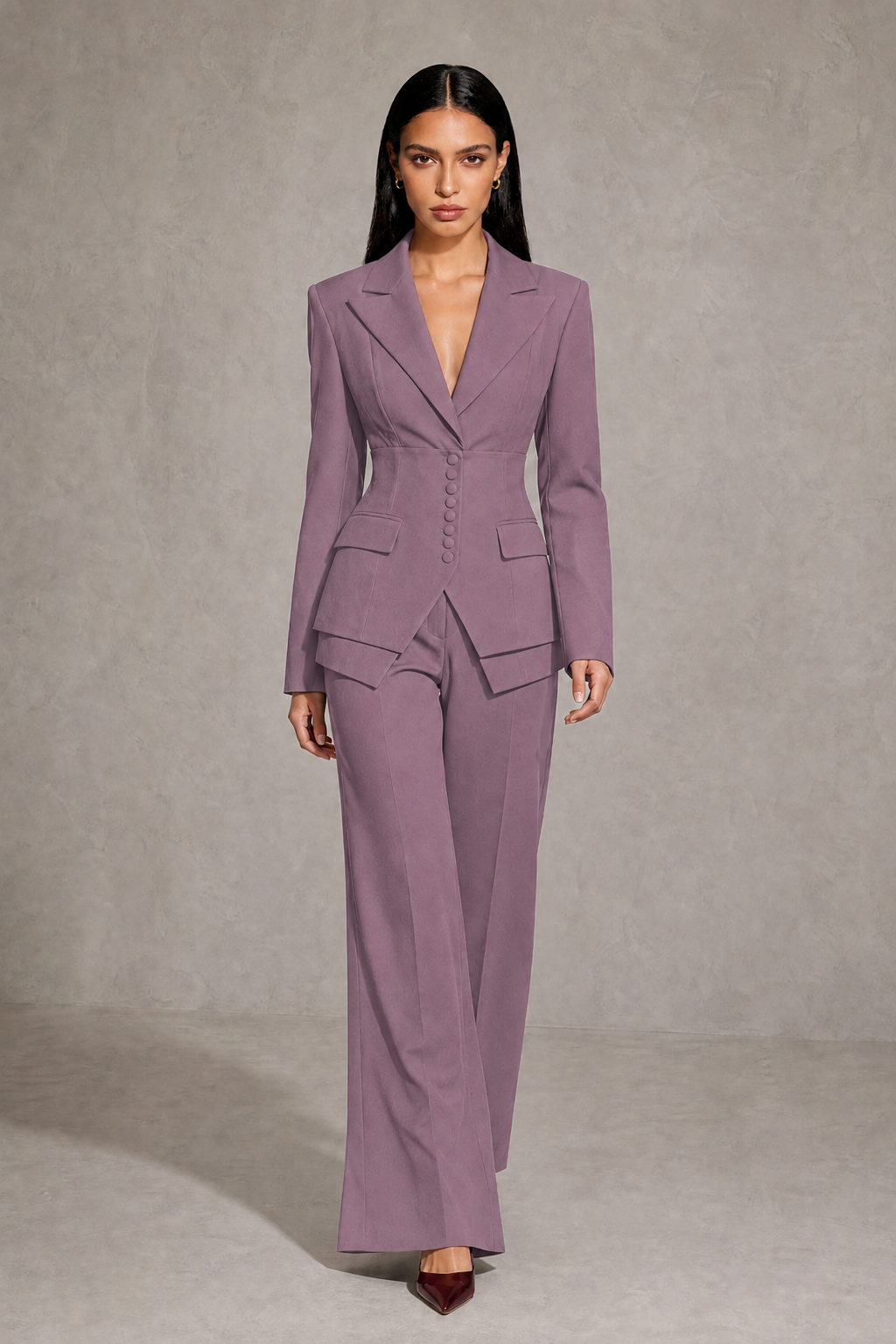 BOLODOO Wisteria Cinched Waist Blazer and Wide Leg Pants Two Piece Suit Set - Wisteria