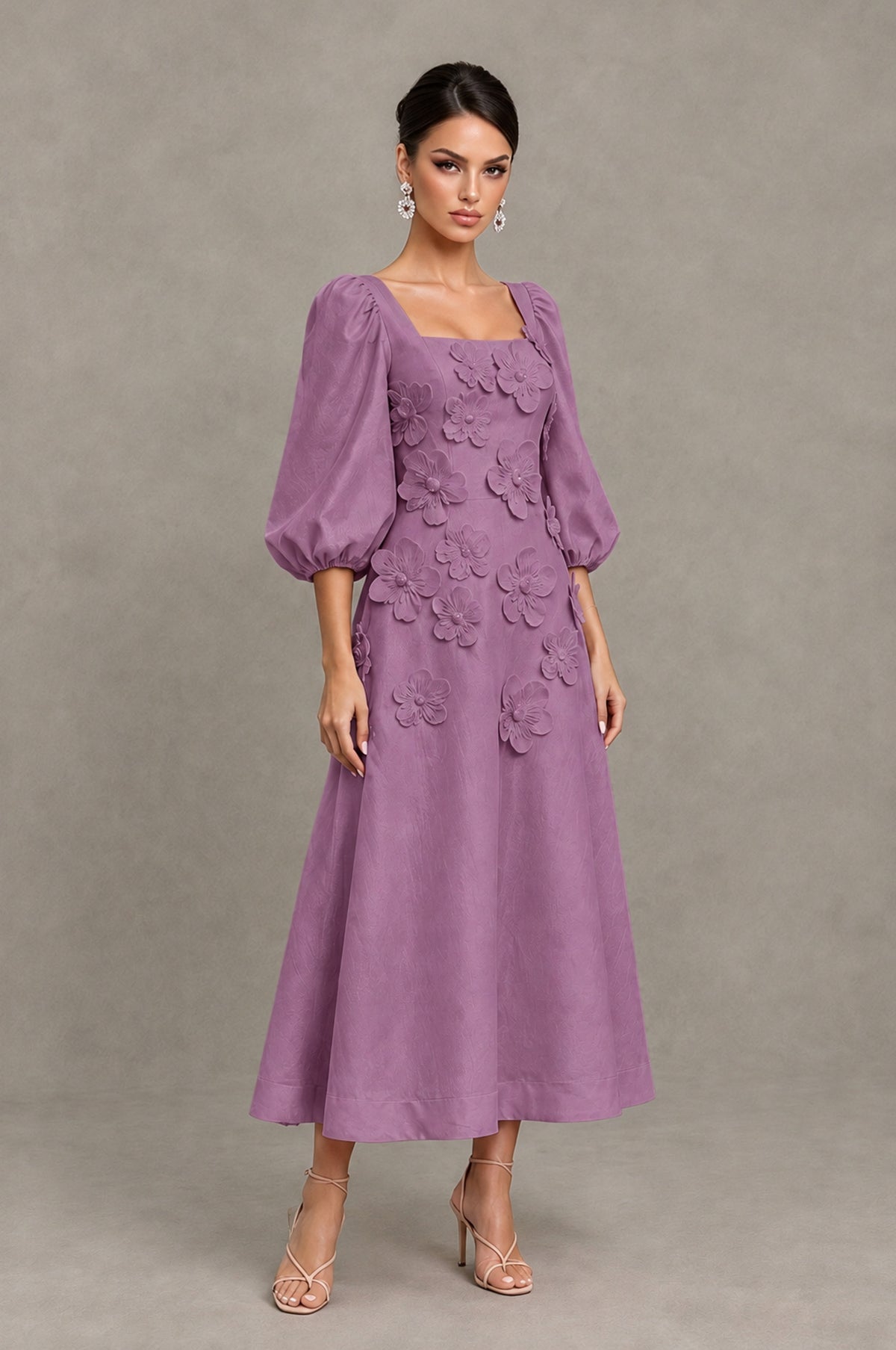 BOLODOO Wisteria 3D Floral Puff Sleeve Midi Cocktail Dress - Wisteria - Wisteria_3