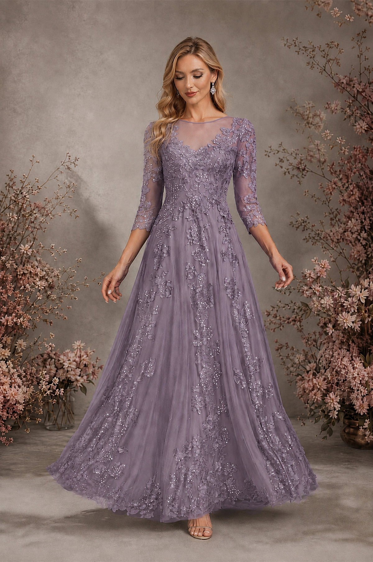 BOLODOO Wisteria Sequin Lace 3/4 Sleeve Open Back Formal Evening Gown - Wisteria