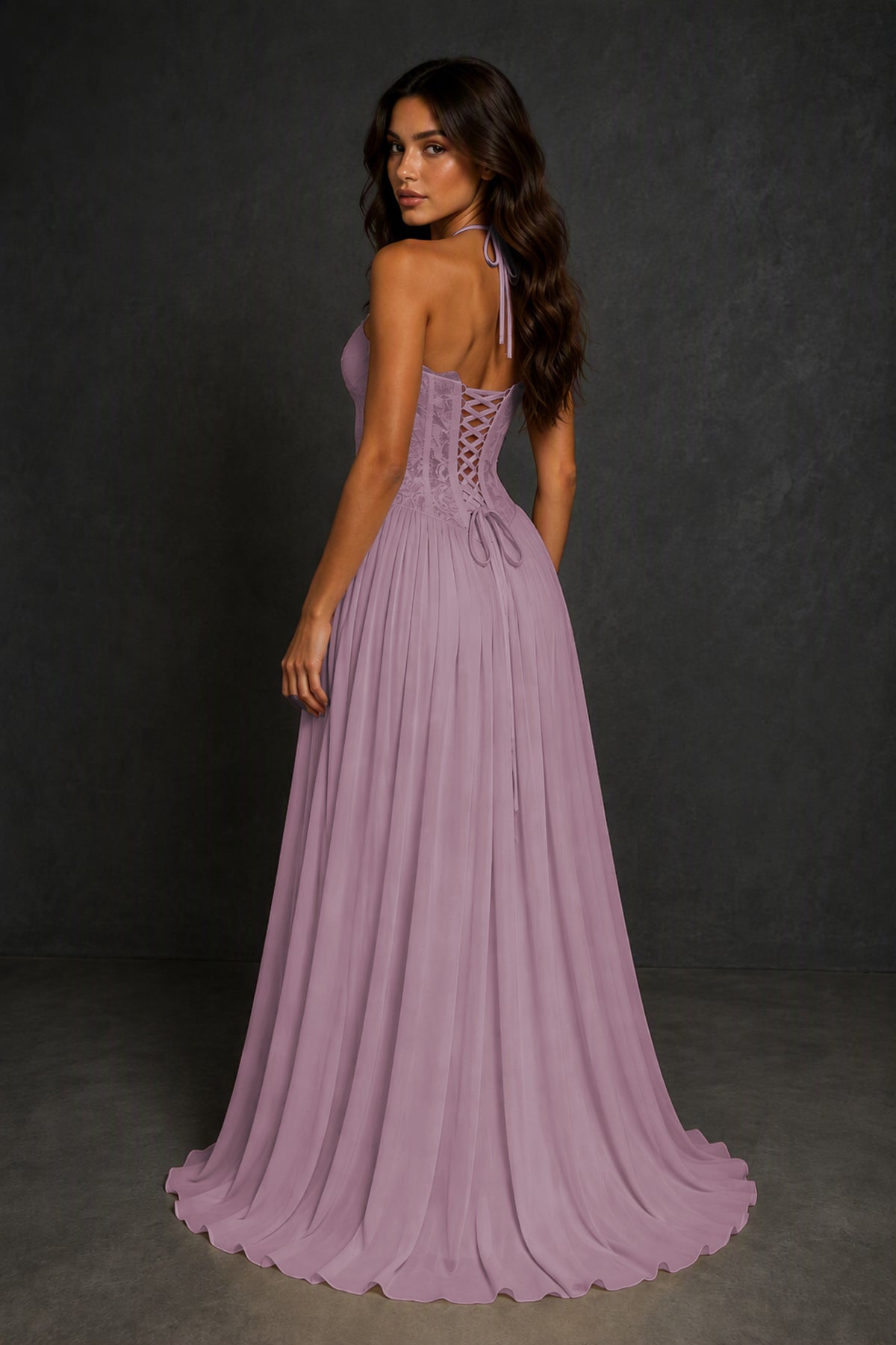 BOLODOO Wisteria Lace Corset Halter Maxi Gown – Backless A-Line Formal Dress - Wisteria