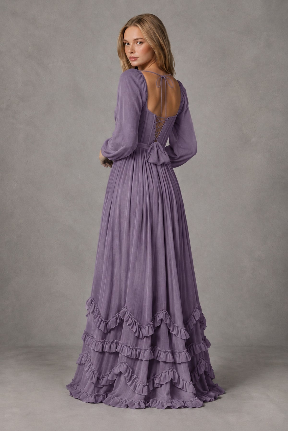 Wisteria Long-Sleeve Ruffle Maxi Dress with Lace-Up Back and Slit - Wisteria