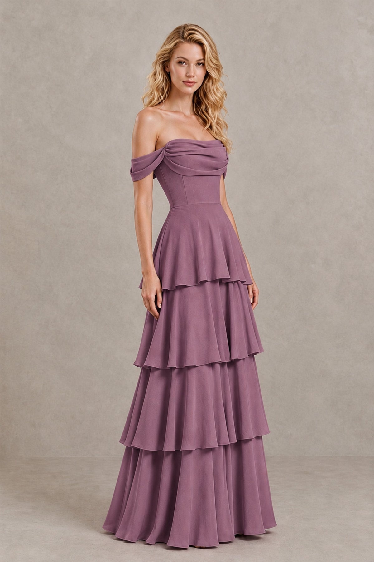 BOLODOO Wisteria Off-the-Shoulder Tiered A-Line Evening Bridesmaid Dress - Wisteria - Wisteria_3