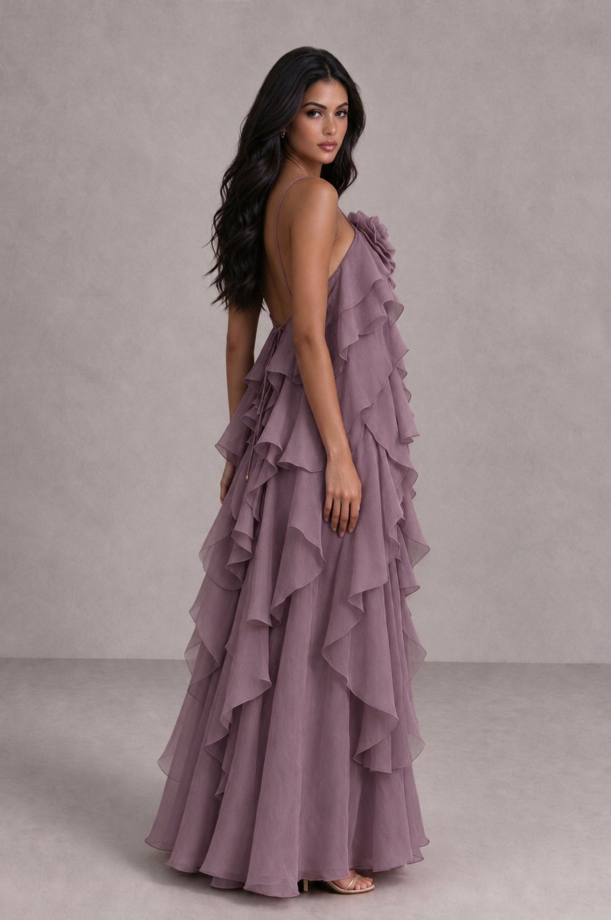 BOLODOO Wisteria Cascading Ruffle Rosette Open-Back Maxi Dress - Wisteria - Wisteria_3