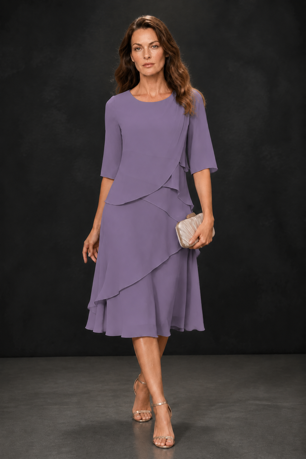 BOLODOO Wisteria Chiffon 3/4 Sleeve Asymmetric Tiered Tea Length Dress | Mother of the Bride Midi Dress - Wisteria