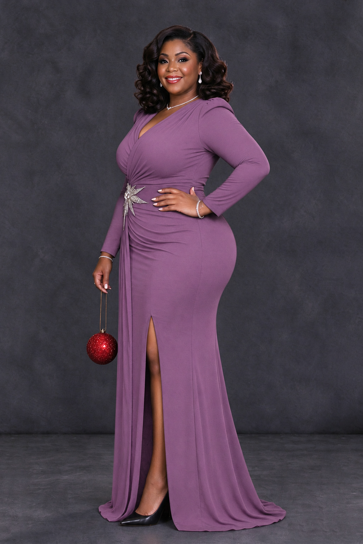 BOLODOO Wisteria Plus Size Long Sleeve V-Neck Mother of the Bride Dress with Slit - Wisteria - Wisteria_3