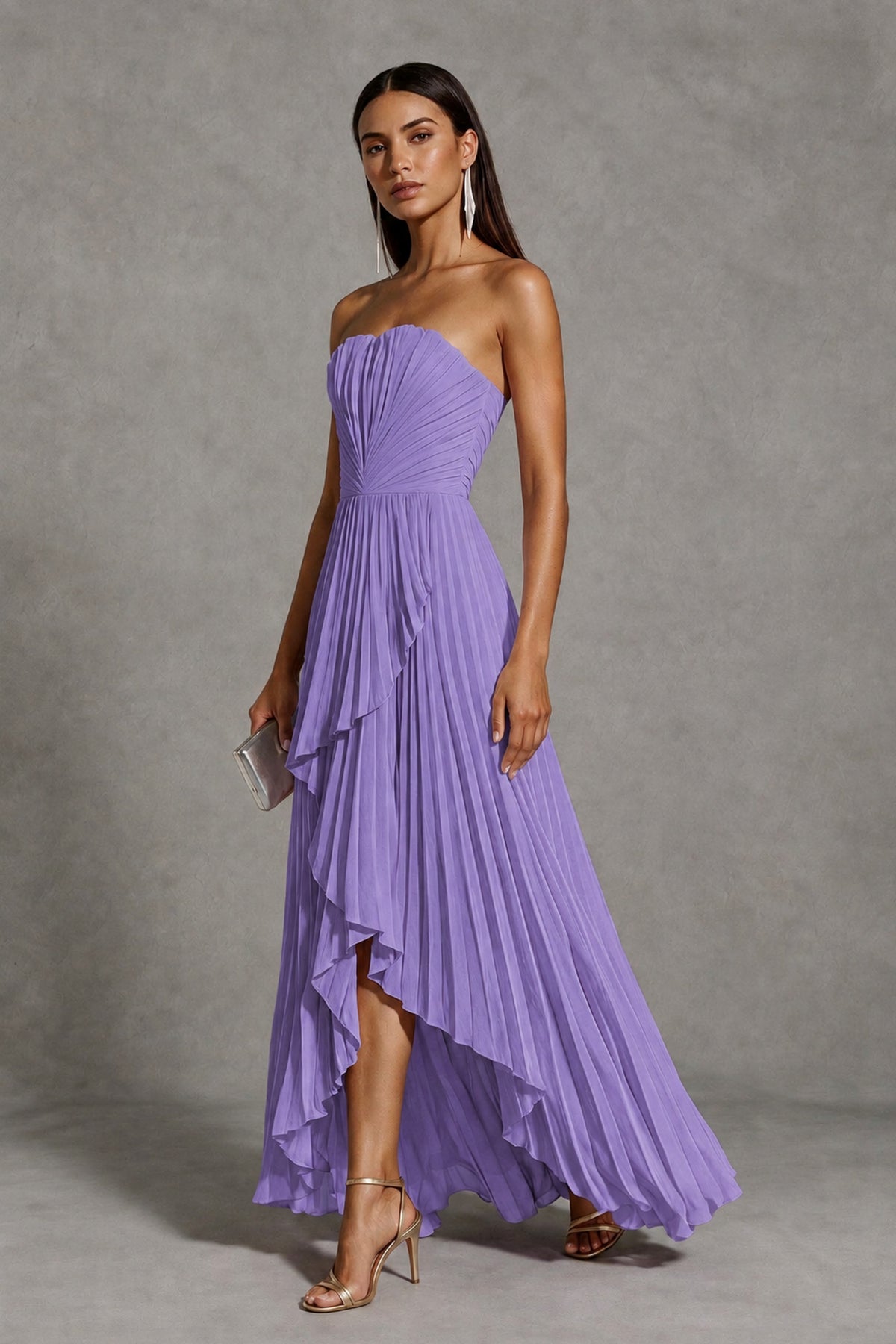 Wisteria Strapless Pleated High-Low Evening Gown with Ruffle Hem - Wisteria
