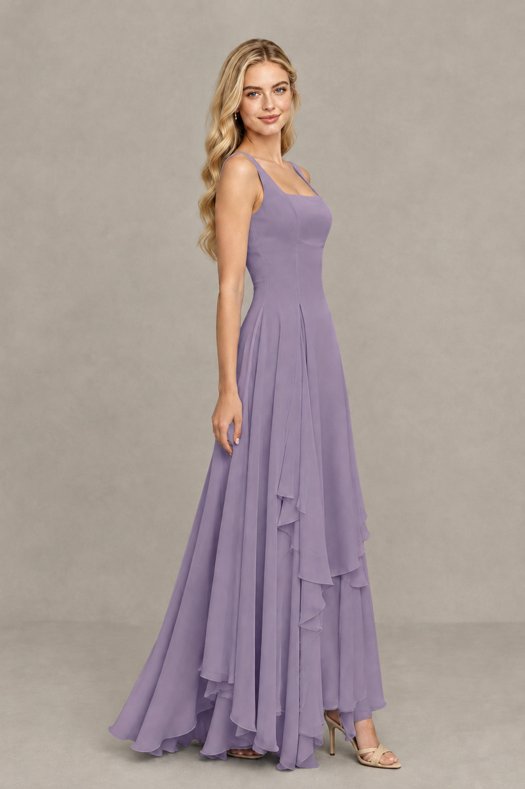 BOLODOO Wisteria Square Neck Chiffon Bridesmaid Dress with Lace-Up Back - Wisteria