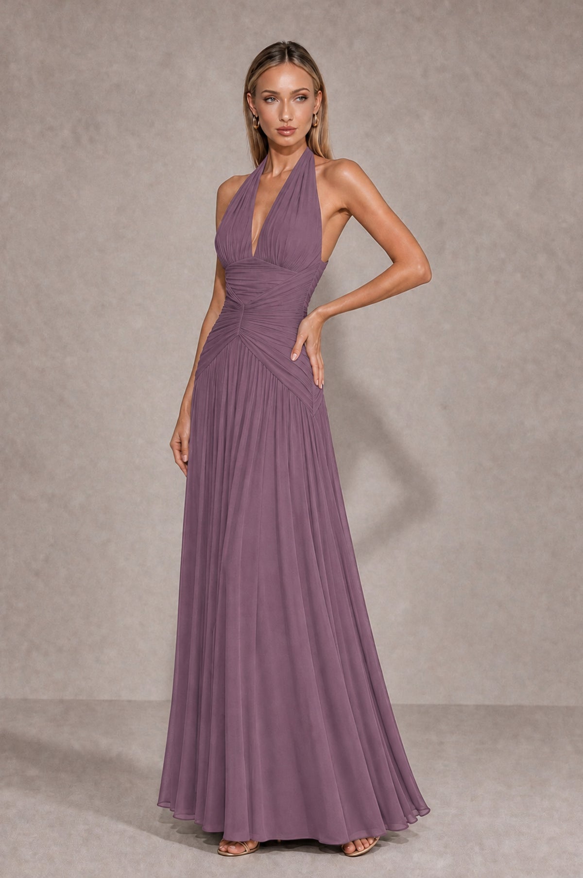 BOLODOO Wisteria Chiffon Halter Deep V-Neck Ruched A-Line Backless Maxi Dress with Train-BD0167 - Wisteria - Wisteria_3
