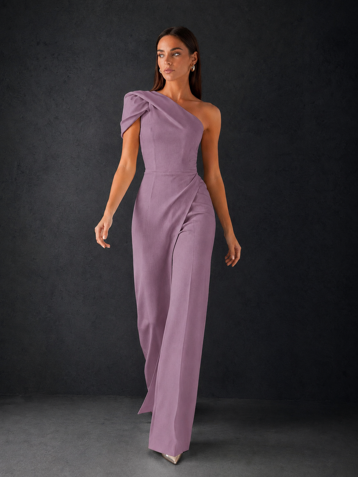 BOLODOO Wisteria One-Shoulder Puff Sleeve Wide-Leg Jumpsuit with Front Slit and Open Back - Wisteria