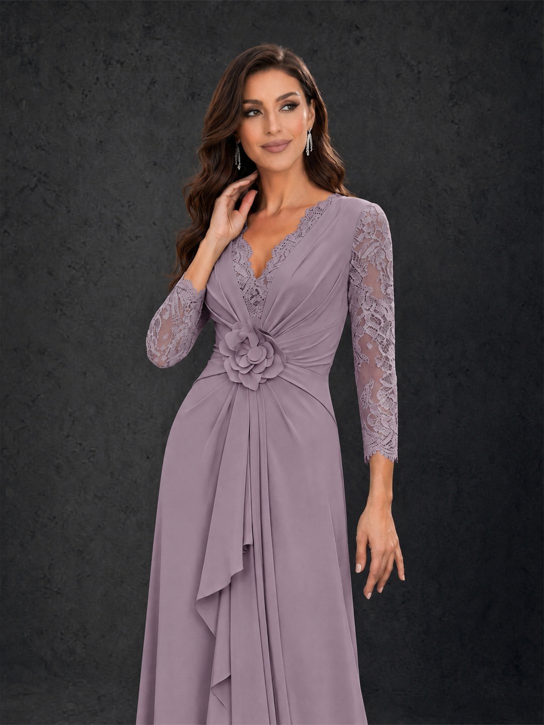 BOLODOO Wisteria Lace Sleeve V-Neck Floral Waist Chiffon A-Line Maxi Dress - Wisteria