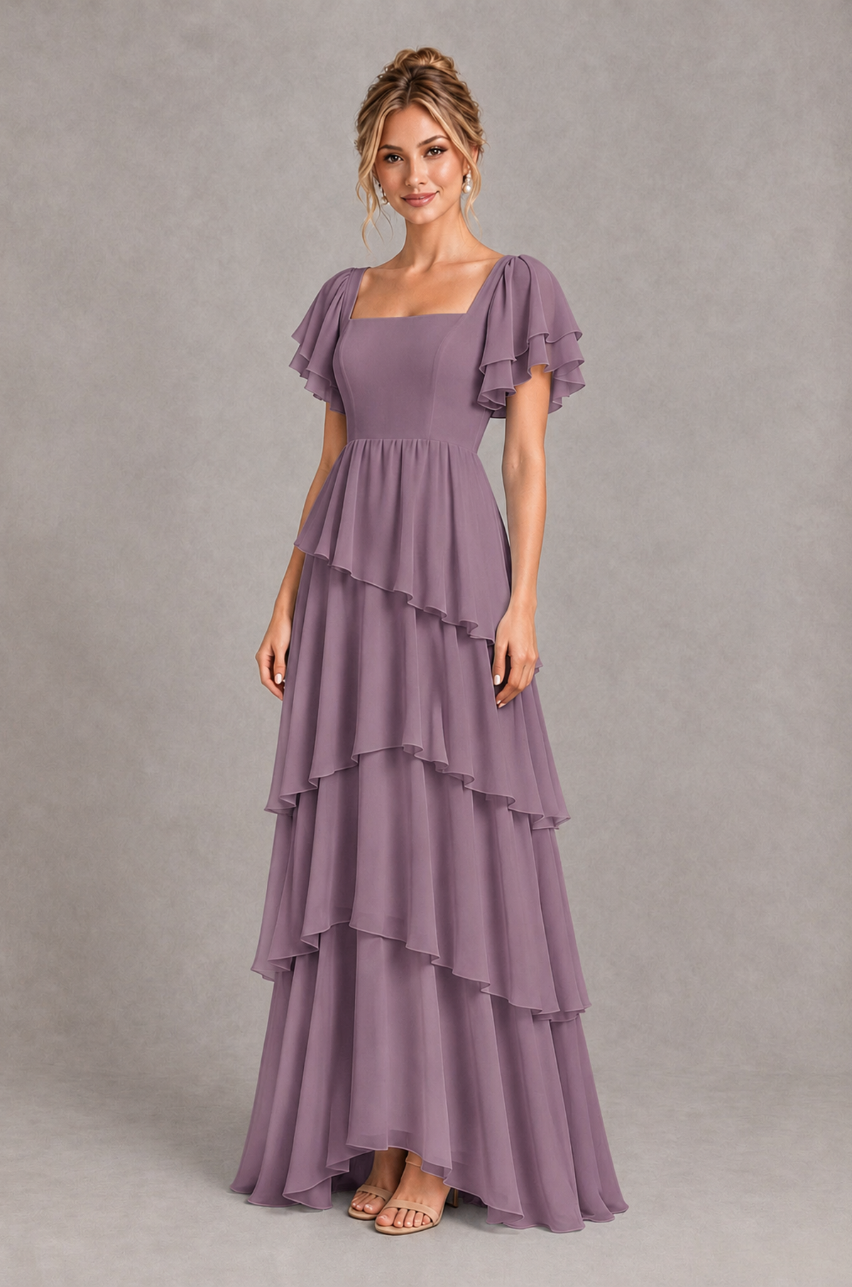 BOLODOO Wisteria Square Neck Flutter Sleeve Tiered Chiffon Bridesmaid Dress with Lace-Up Back - Wisteria - Wisteria_3