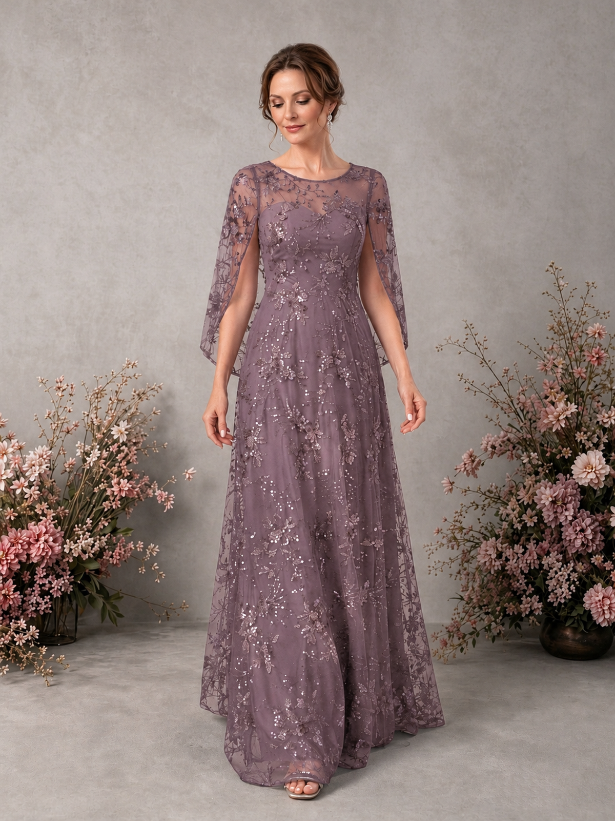 BOLODOO Wisteria Sequin Lace Cape Sleeve Formal Evening Gown - Wisteria - Wisteria_3