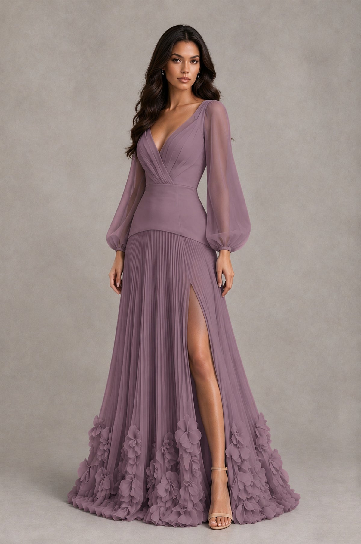 BOLODOO Wisteria V-Neck Long Sleeve Pleated Floral Hem Evening Dress - Wisteria - Wisteria_3