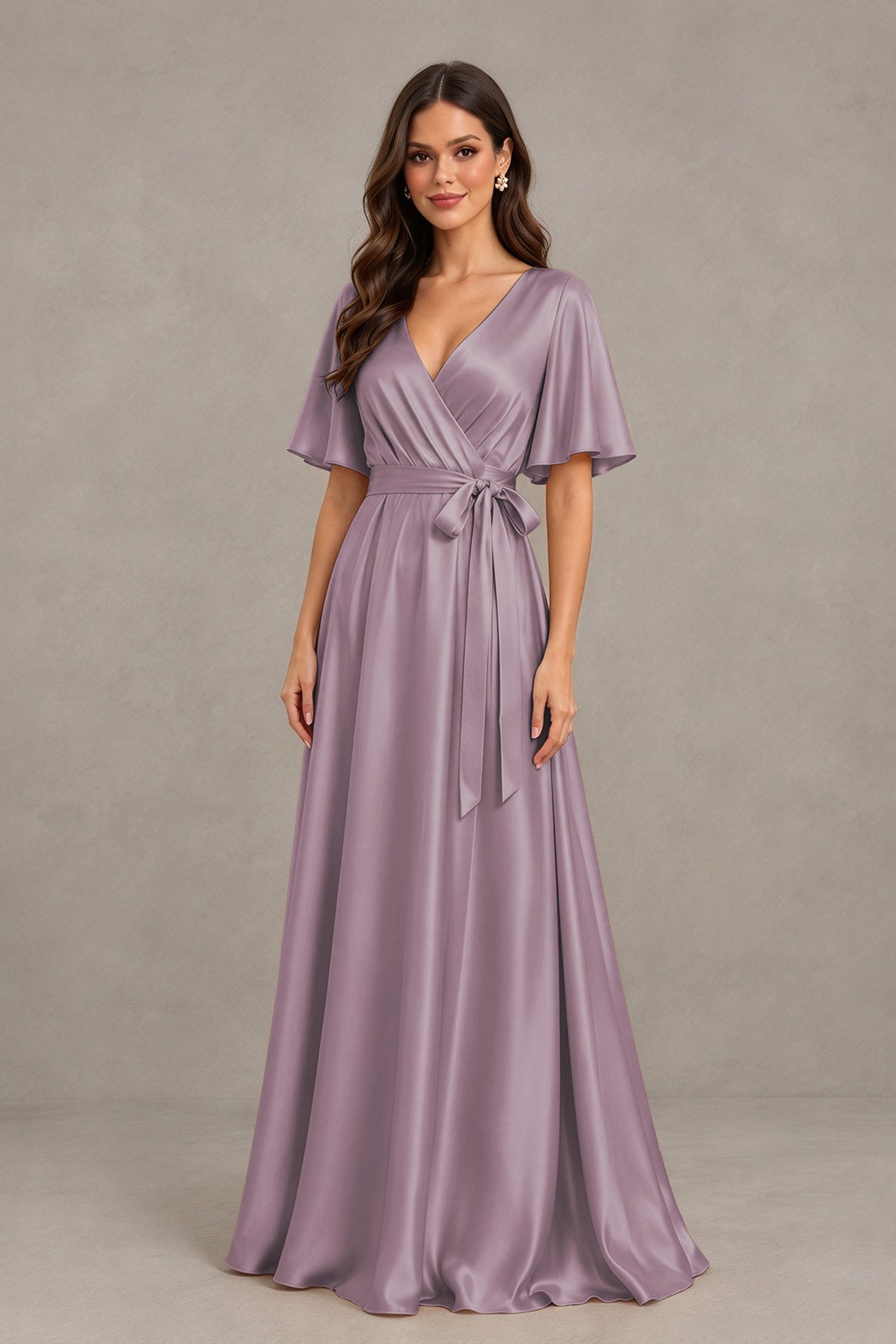 BOLODOO Wisteria Satin V-Neck Flutter Sleeve Bridesmaid Dress with Slit - Wisteria - Wisteria(3)