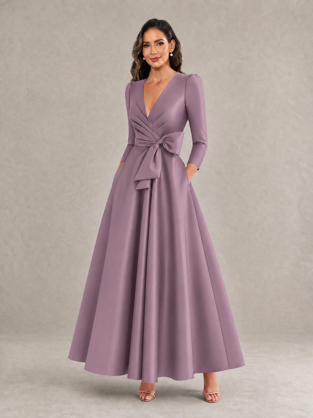 BOLODOO Wisteria Satin Deep V-Neck Wrap 3/4 Puff Sleeve A-Line Ball Gown Maxi Dress with Oversized Bow Belt - Wisteria