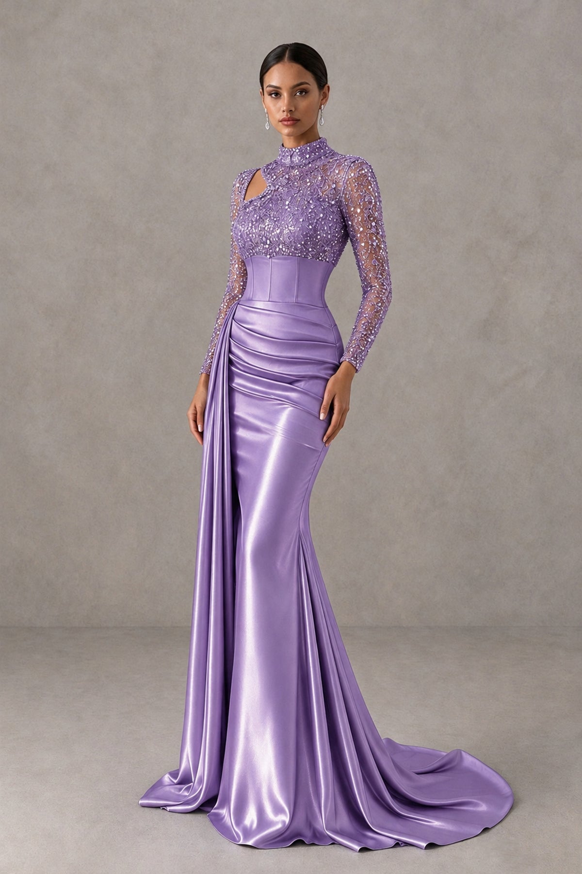 BOLODOO Wisteria Long Sleeve Embellished Satin Mermaid Evening Gown - Wisteria - Wisteria_3