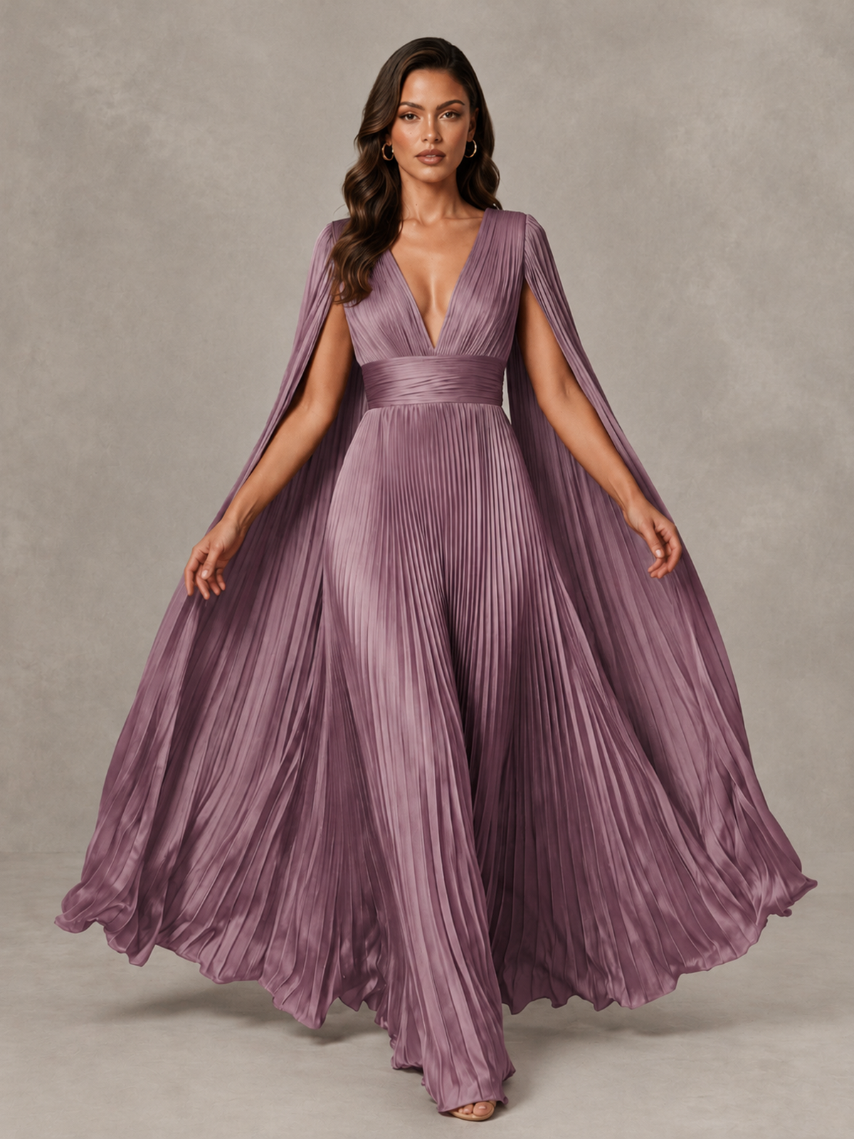 BOLODOO Wisteria Deep V-Neck Pleated Cape Sleeve Evening Gown - Wisteria - Wisteria_3