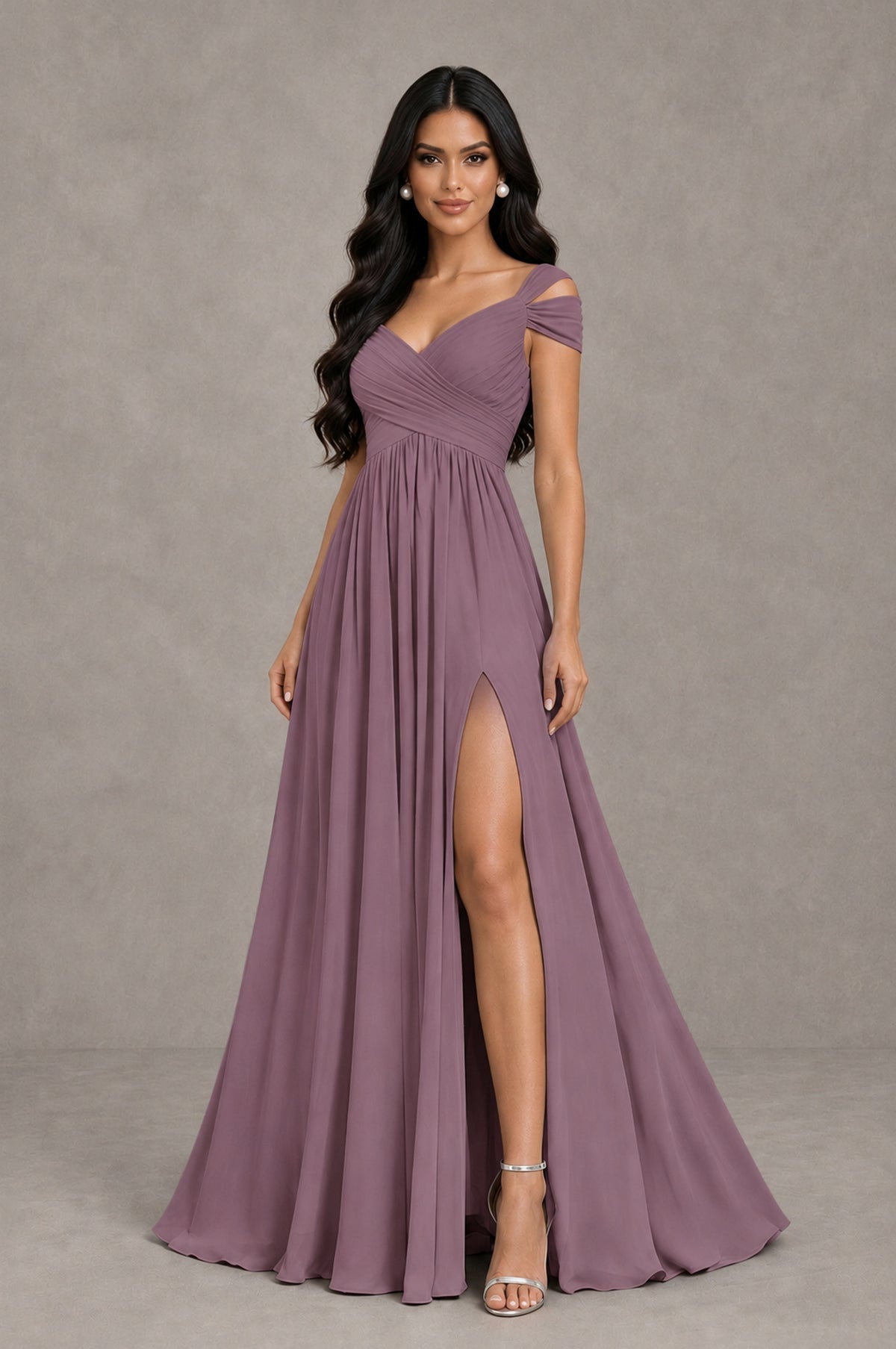 BOLODOO Wisteria Cold Shoulder Chiffon Evening Dress with V Neck and High Slit - Wisteria - Wisteria_3