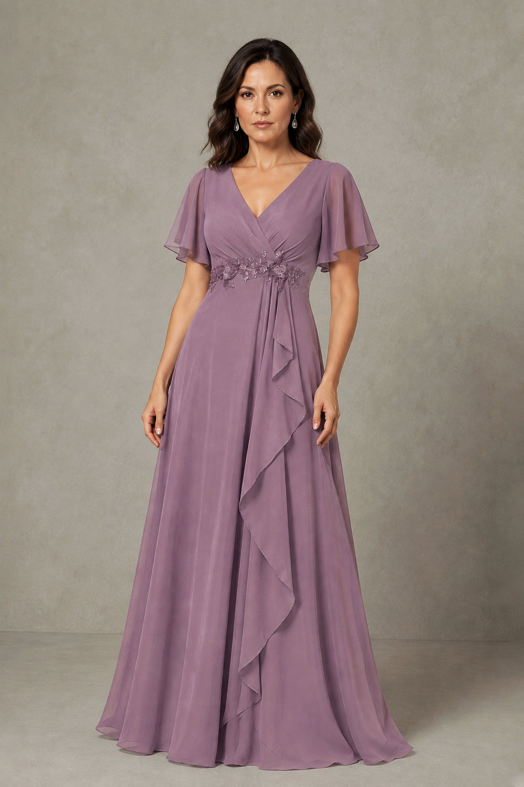 BOLODOO Wisteria Chiffon V-Neck Flutter Sleeve Floral Applique Cascade Ruffle Lace-Up Back A-Line Maxi Evening Dress - Wisteria
