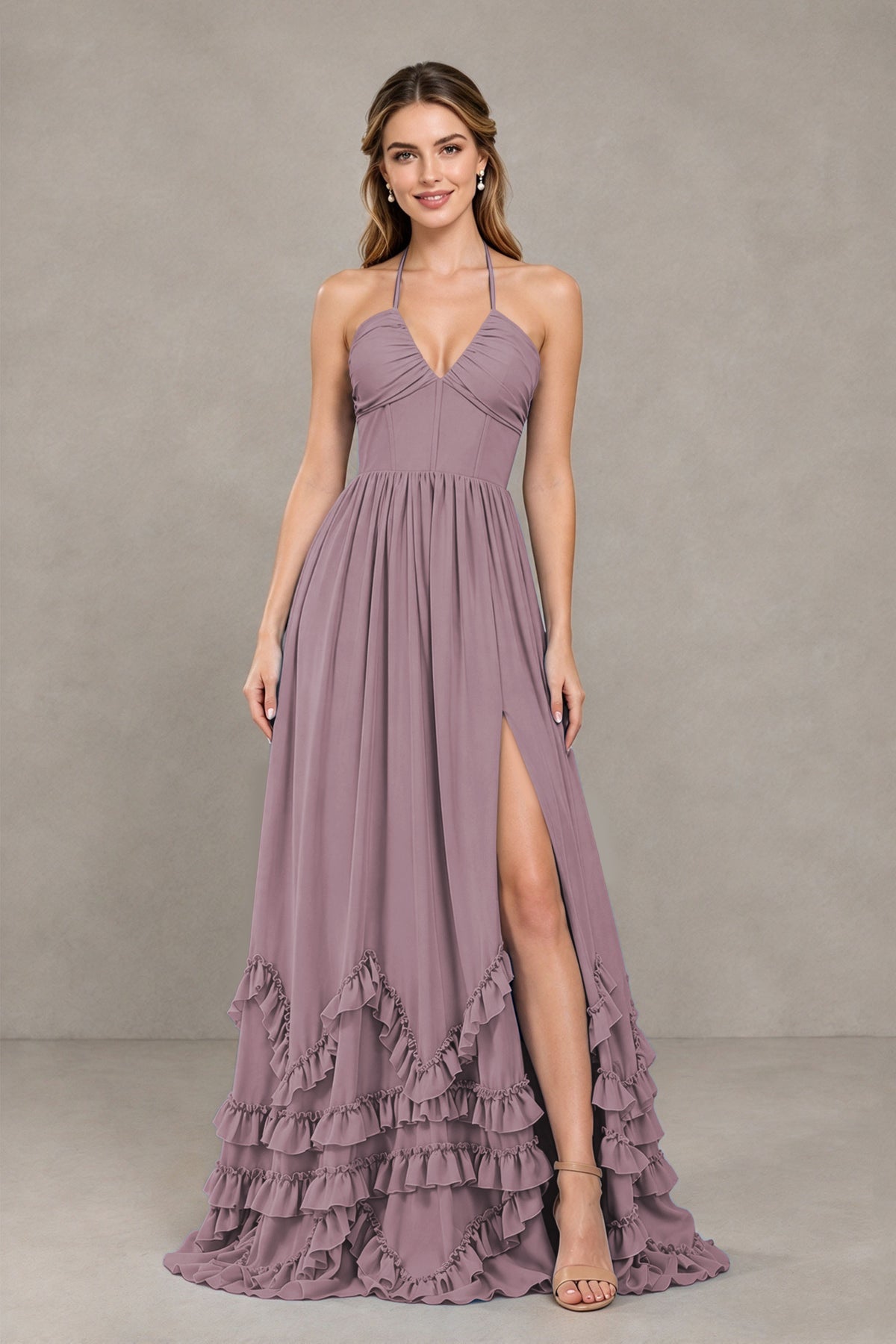 BOLODOO Wisteria Halter Ruffle Hem A-Line Bridesmaid Dress with High Slit - Wisteria - Wisteria(4)