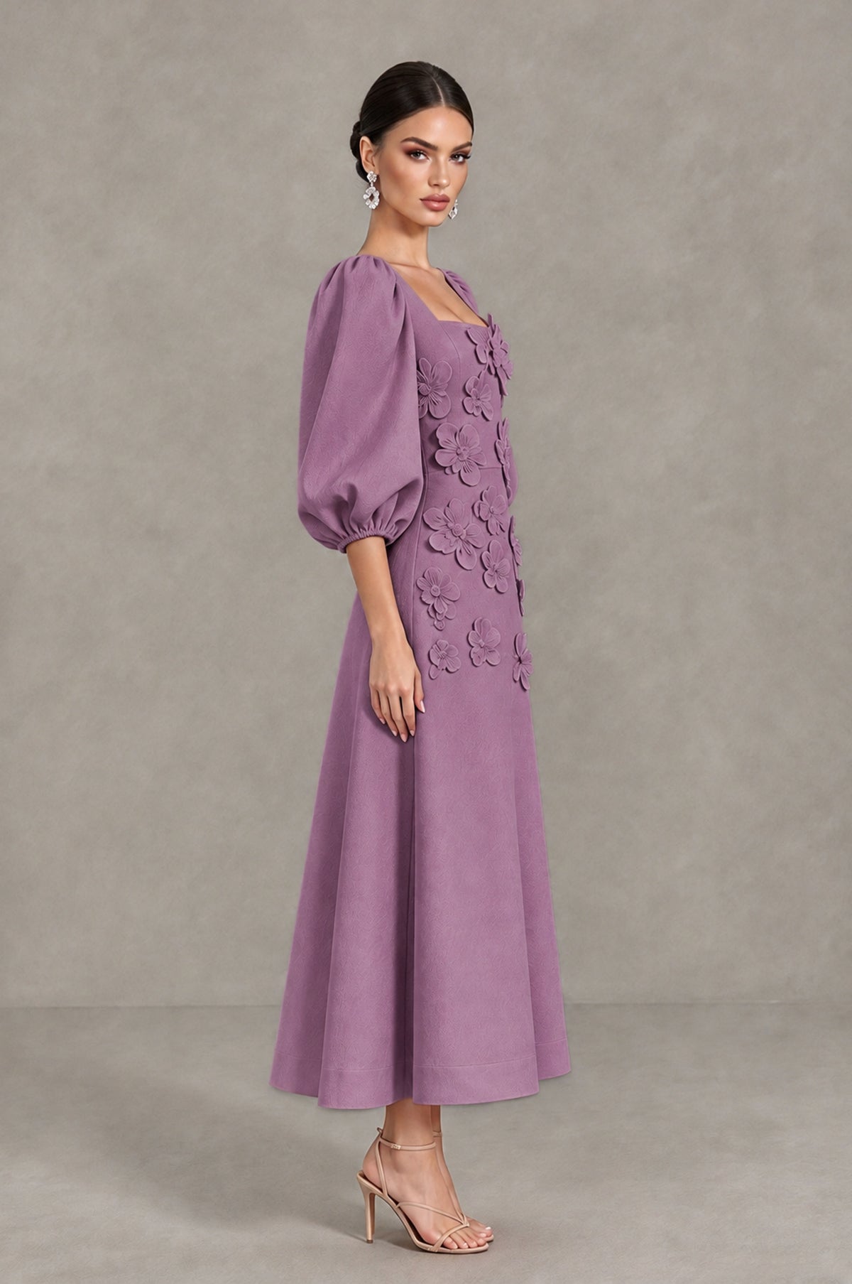 BOLODOO Wisteria 3D Floral Puff Sleeve Midi Cocktail Dress - Wisteria - Wisteria_4