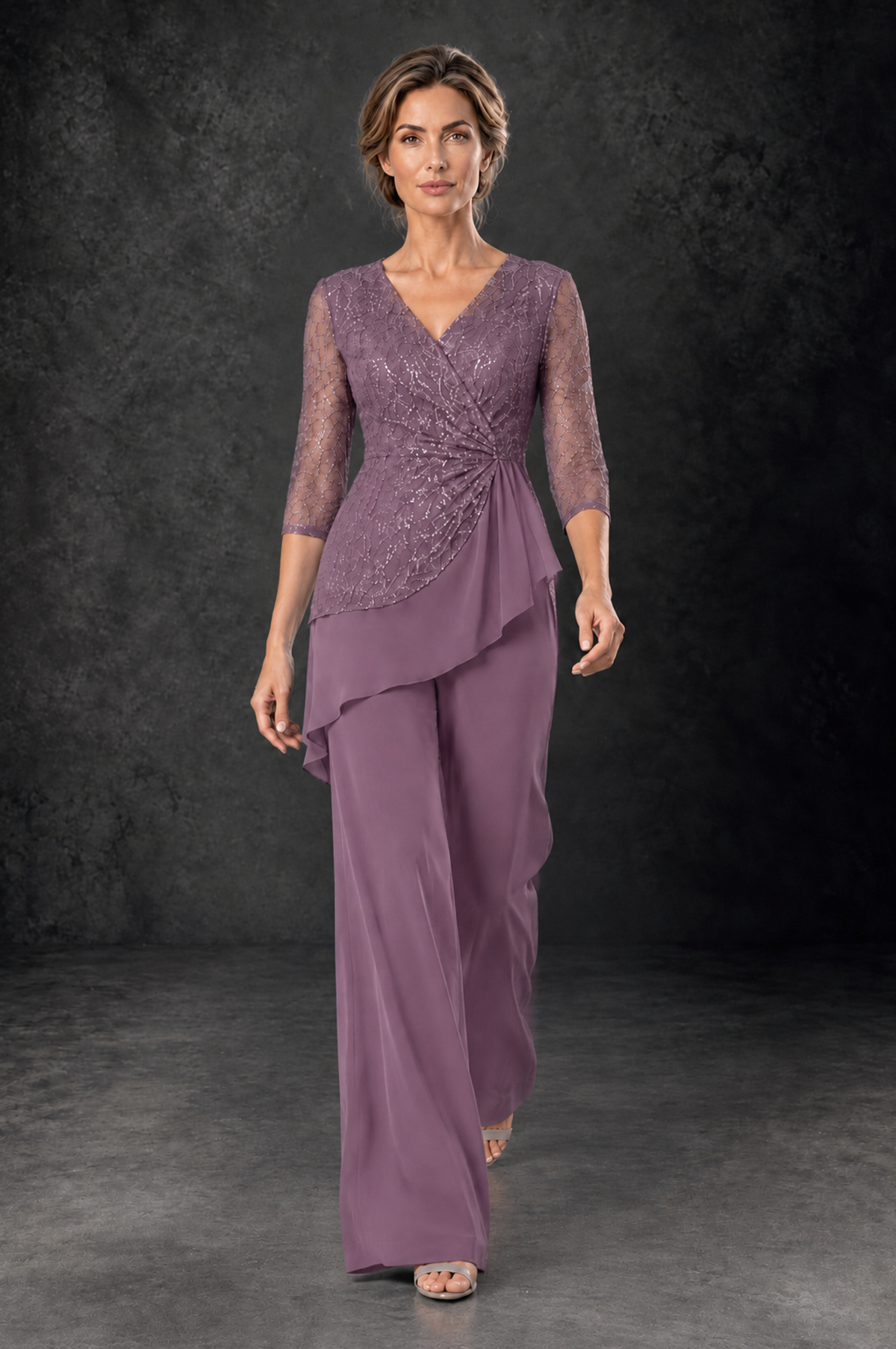BOLODOO Wisteria Sequin Lace 3/4 Sleeve Chiffon Mother of the Bride Pant Suit - Wisteria - Wisteria_4
