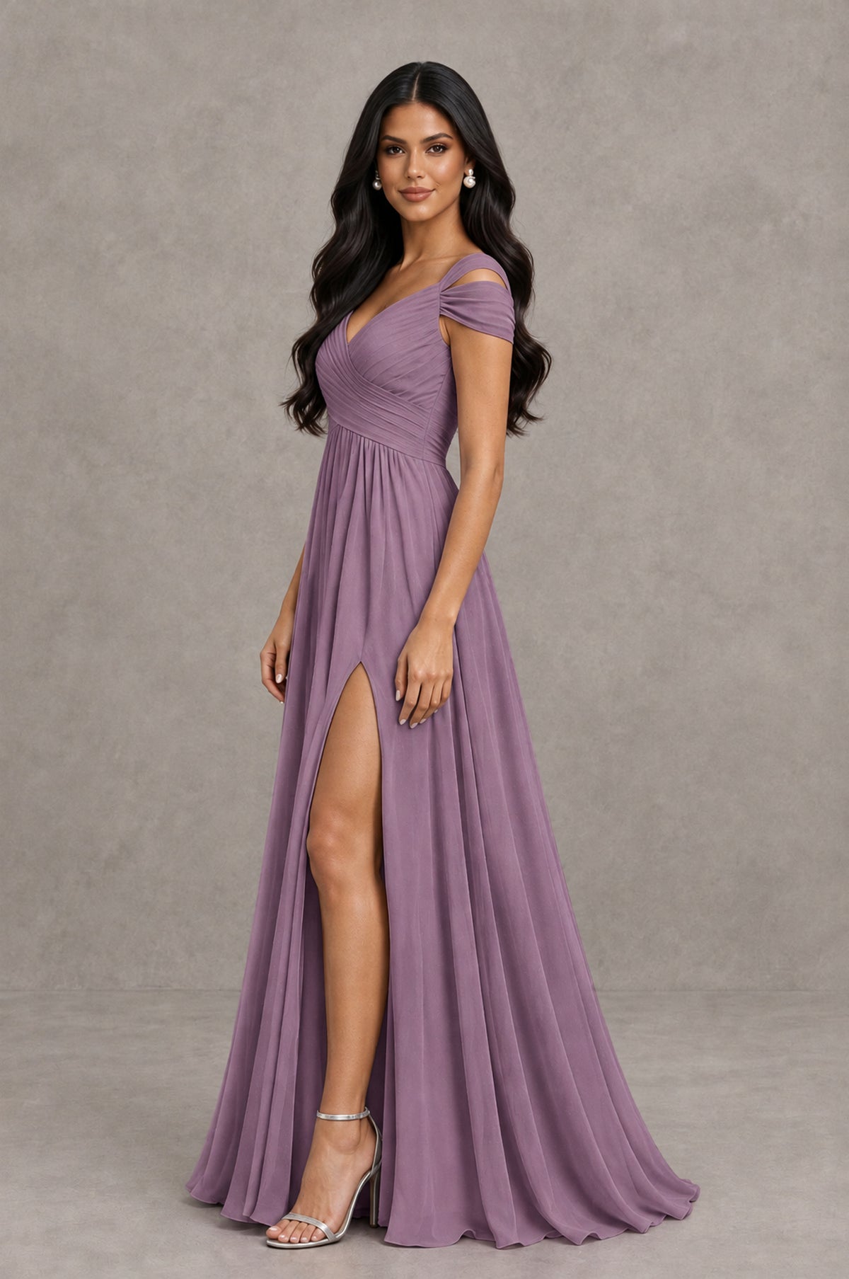 BOLODOO Wisteria Cold Shoulder Chiffon Evening Dress with V Neck and High Slit - Wisteria - Wisteria_4