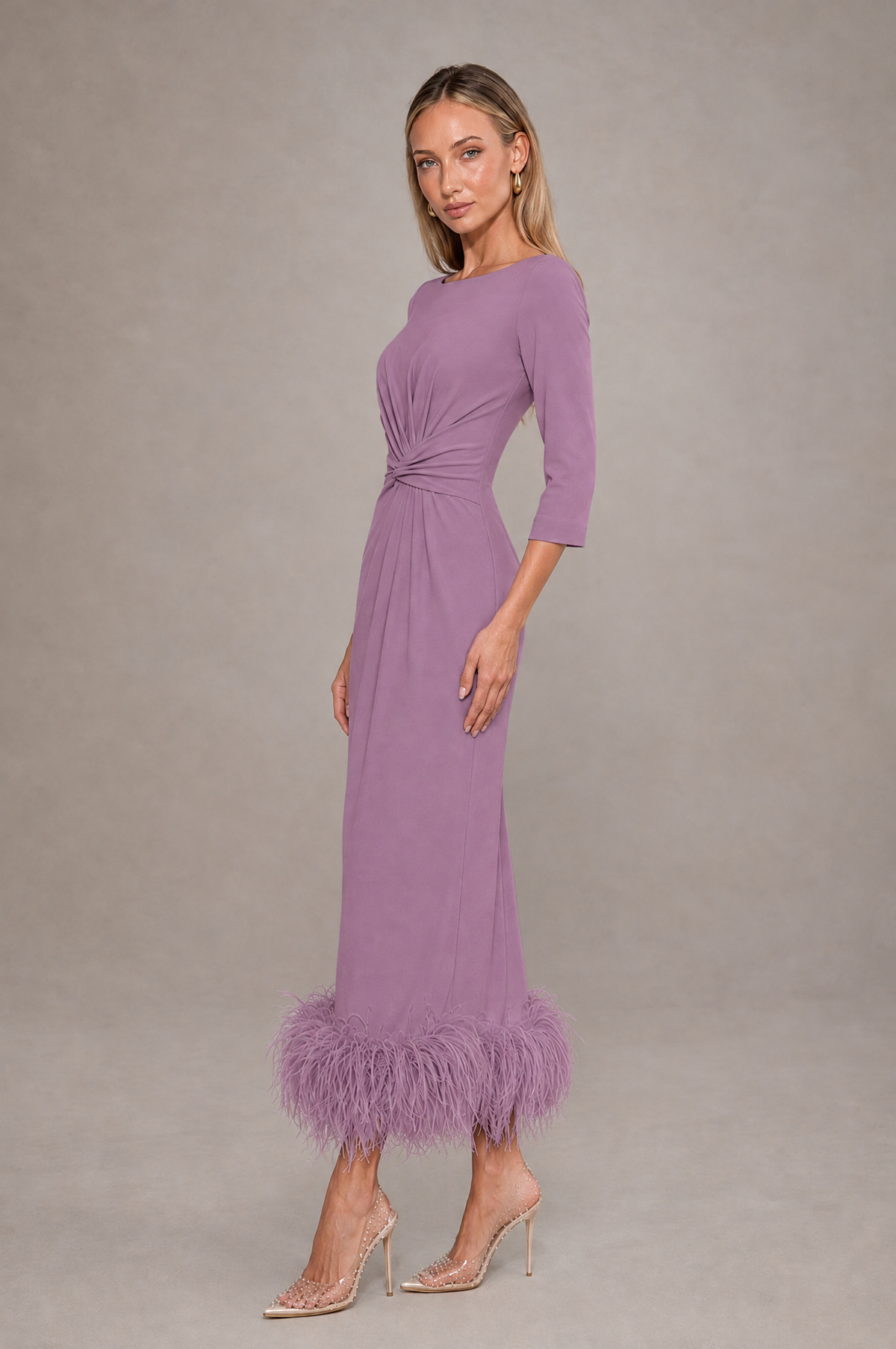 BOLODOO Wisteria Feather-Trim Twist-Waist Midi Dress - Wisteria - Wisteria_4