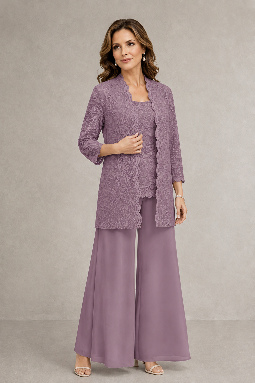 BOLODOO Wisteria 3-Piece Lace Chiffon Pantsuit – Mother of the Bride Wedding Guest with Jacket - Wisteria