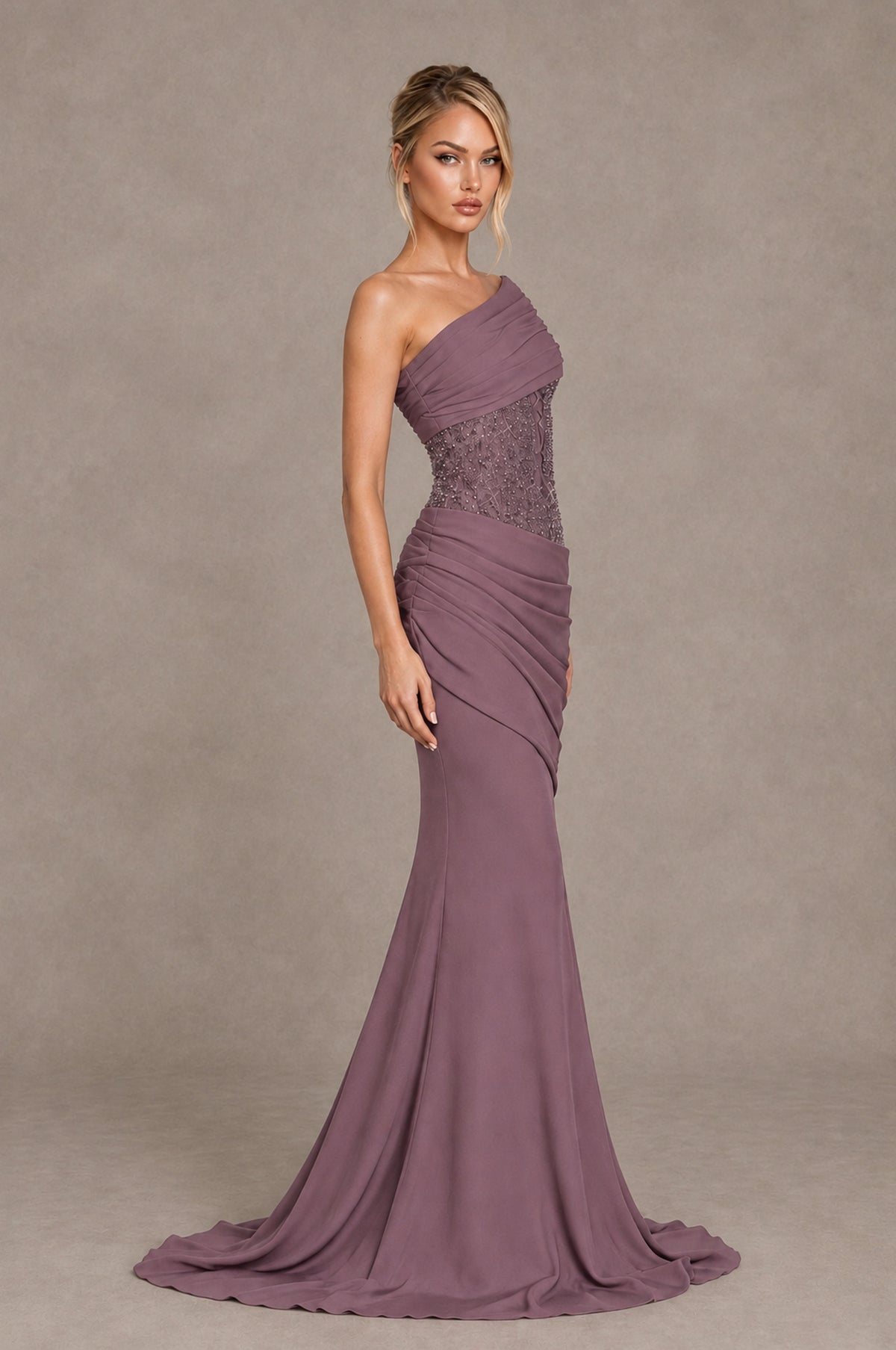 BOLODOO Wisteria One-Shoulder Sequin Embroidered Ruched Mermaid Gown with Train - Wisteria - Wisteria_4