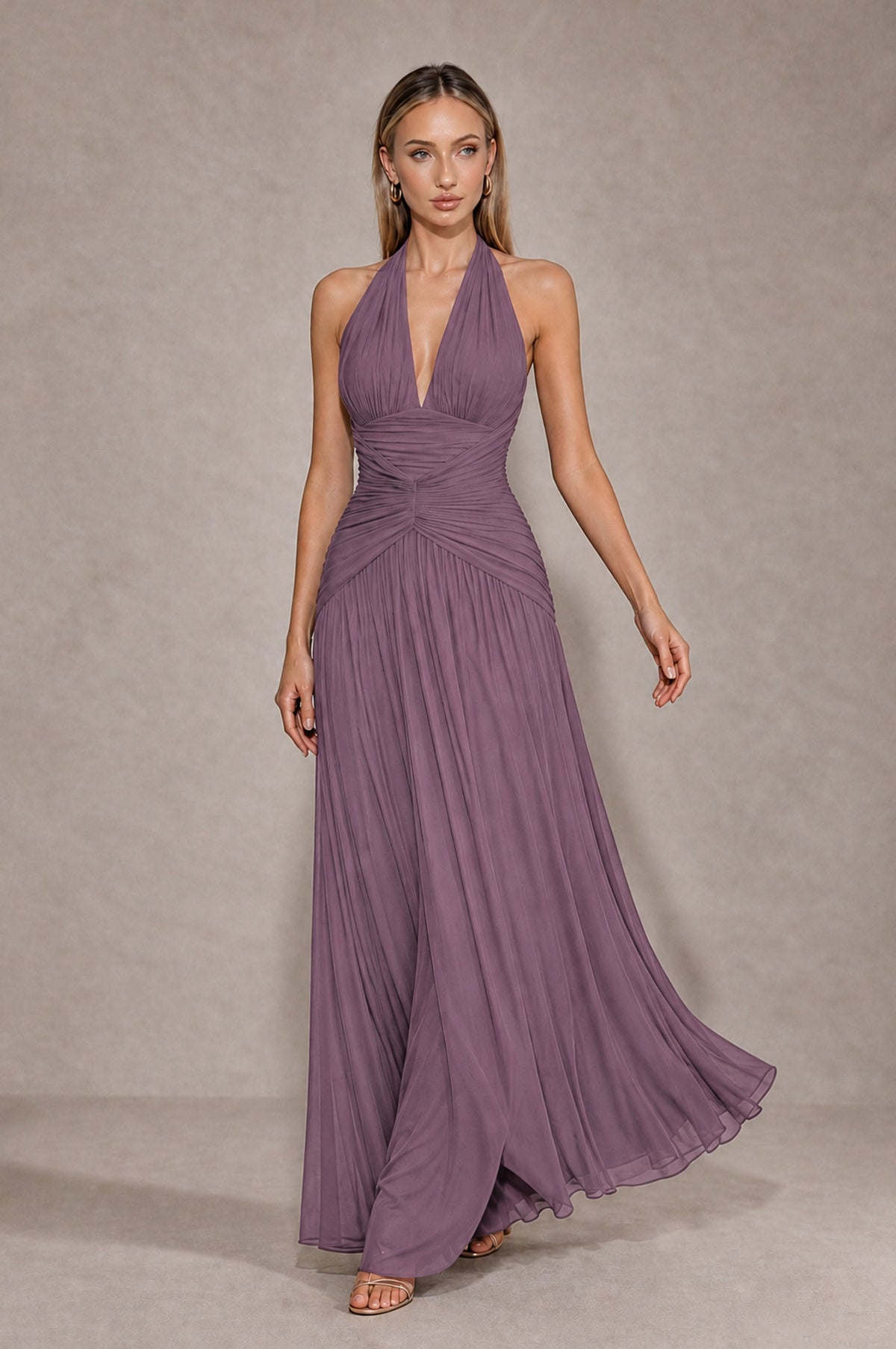 BOLODOO Wisteria Chiffon Halter Deep V-Neck Ruched A-Line Backless Maxi Dress with Train-BD0167 - Wisteria - Wisteria_4